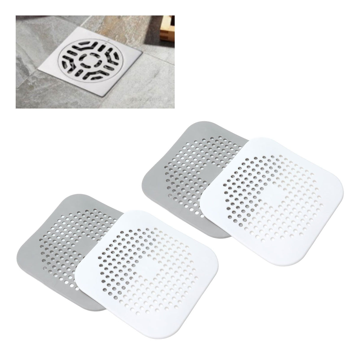 4 Pcs Drain Hair Catcher Square TPR Shower Hair Stopper with Suction Cup for Bathroom Bathtub Kitchen Grey and White