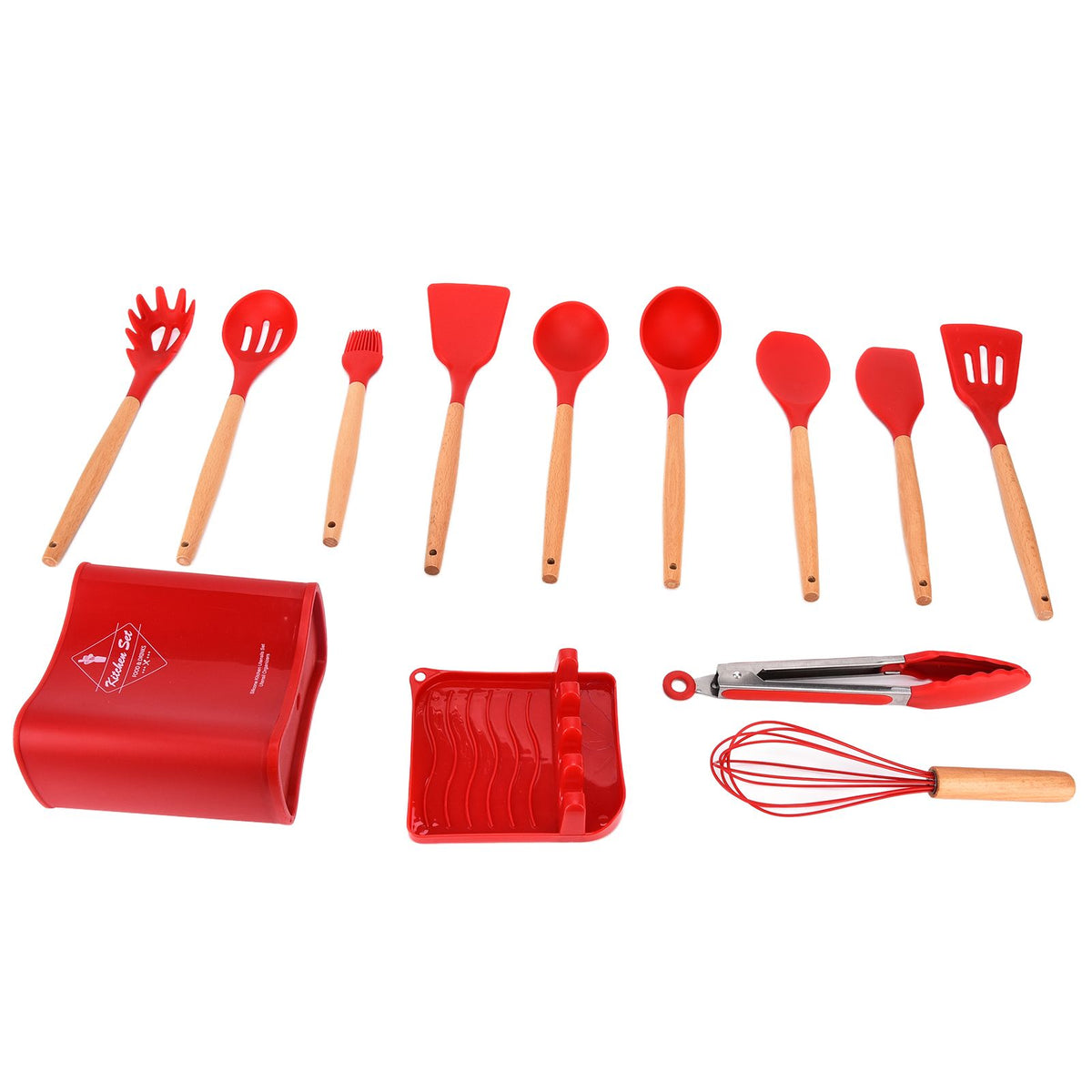 13Pcs Silicone Cooking Utensils Set Non Stick Spatula Shovel Wooden Handle Cooking Tools Set Kitchen Supplies Red