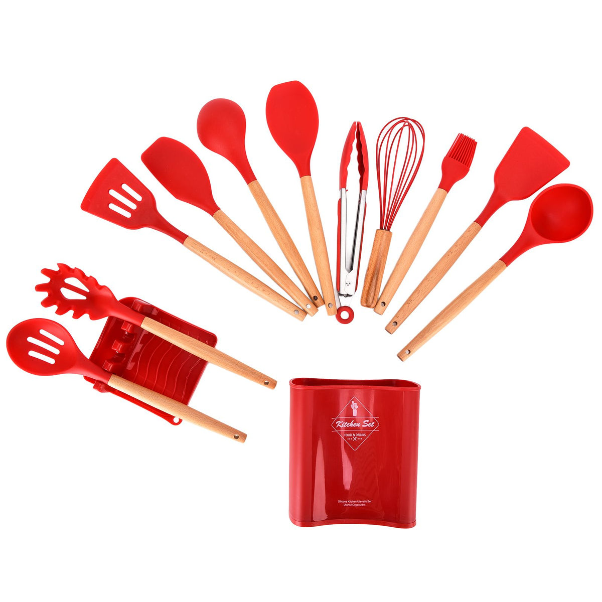 13Pcs Silicone Cooking Utensils Set Non Stick Spatula Shovel Wooden Handle Cooking Tools Set Kitchen Supplies Red