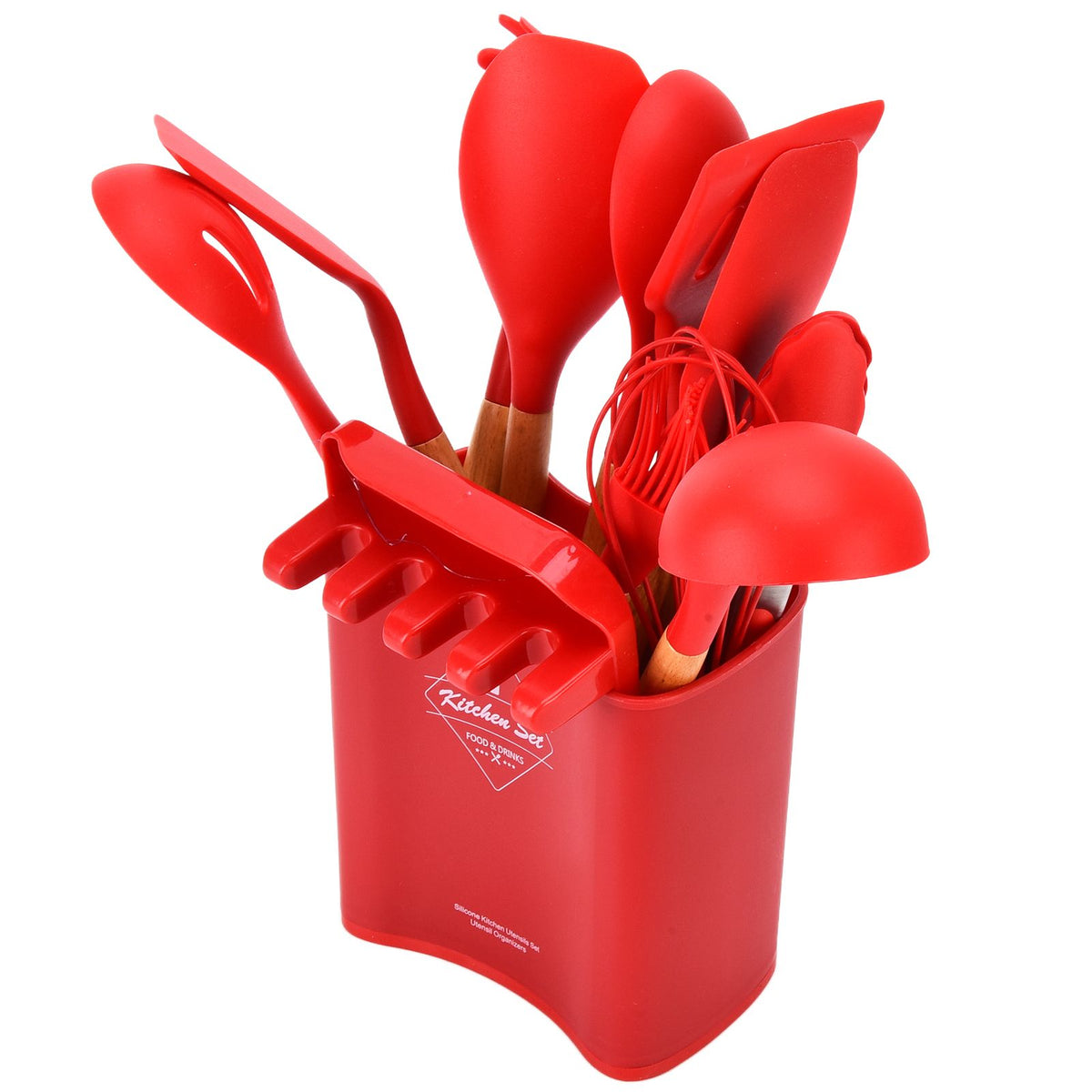 13Pcs Silicone Cooking Utensils Set Non Stick Spatula Shovel Wooden Handle Cooking Tools Set Kitchen Supplies Red