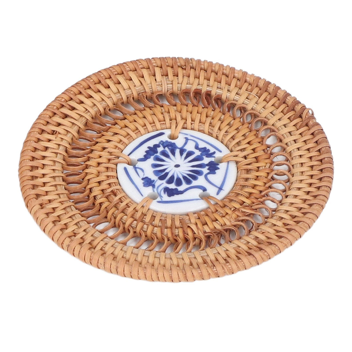 Blue and White Porcelain Coaster Round Woven Rattan Blue White Porcelain Cup Holder for Basil Cups Rattan Cups10cm/3.9in