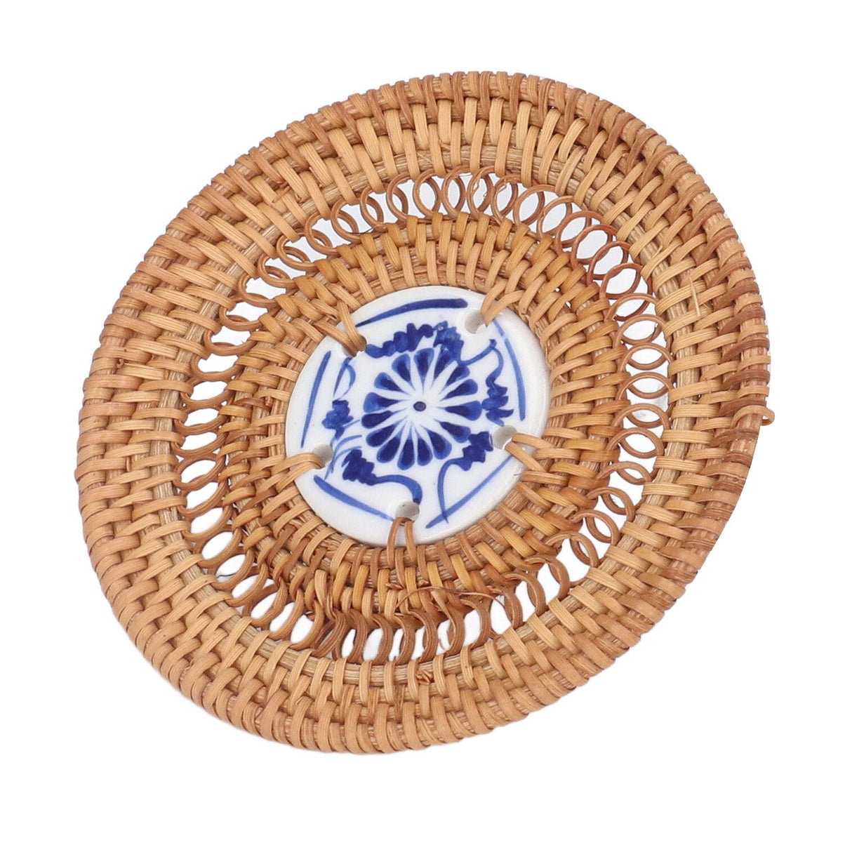 Blue and White Porcelain Coaster Round Woven Rattan Blue White Porcelain Cup Holder for Basil Cups Rattan Cups10cm/3.9in