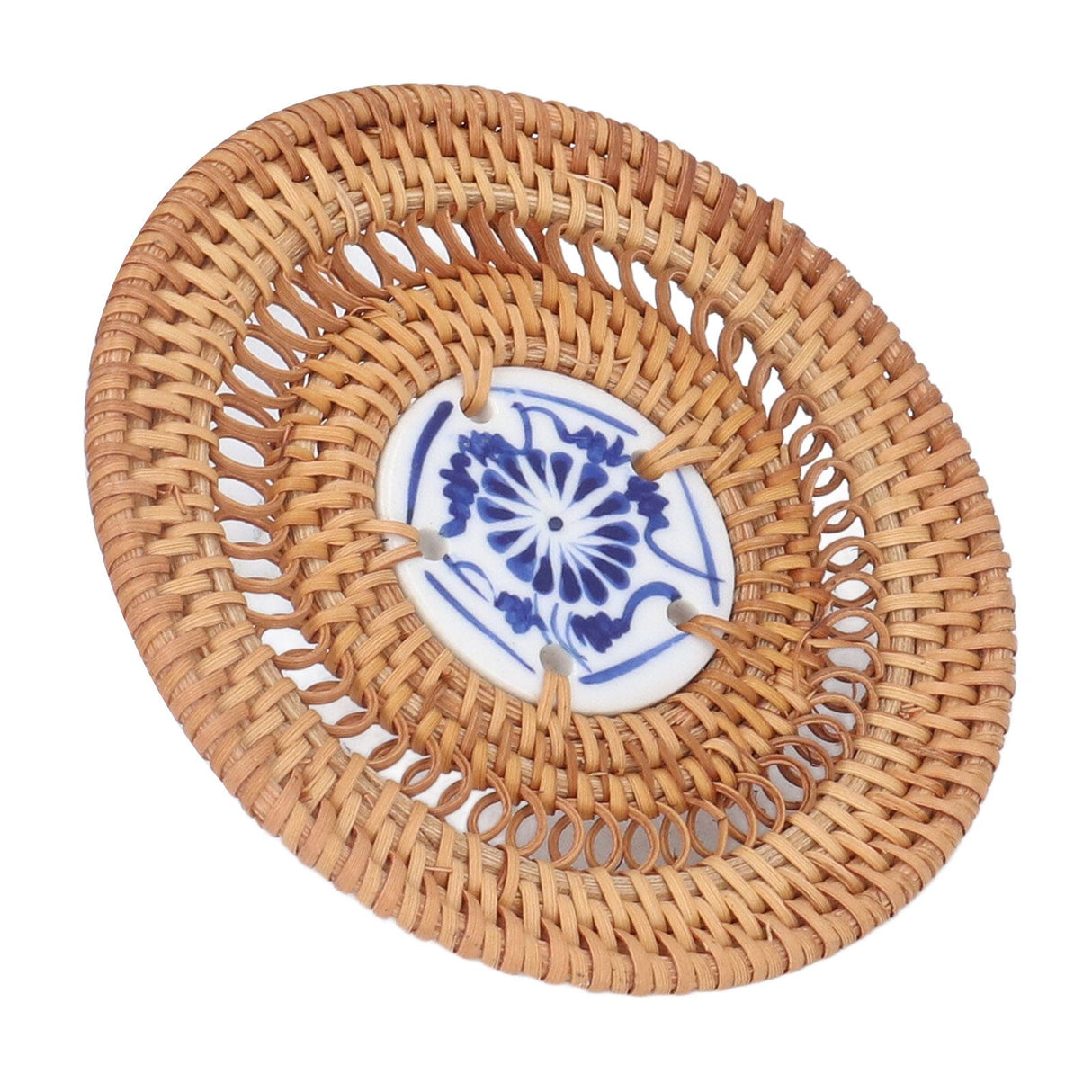 Blue and White Porcelain Coaster Round Woven Rattan Blue White Porcelain Cup Holder for Basil Cups Rattan Cups10cm/3.9in