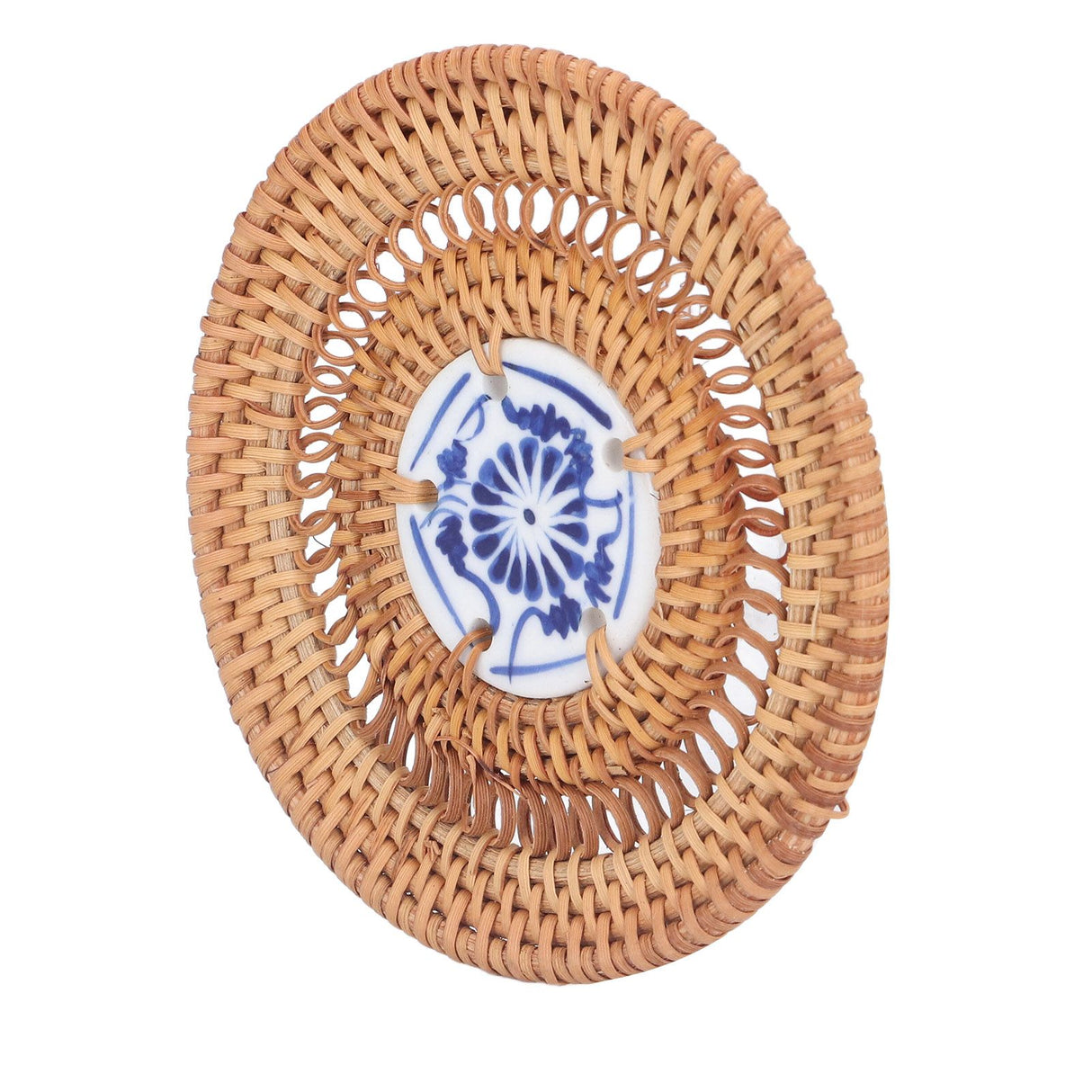 Blue and White Porcelain Coaster Round Woven Rattan Blue White Porcelain Cup Holder for Basil Cups Rattan Cups10cm/3.9in
