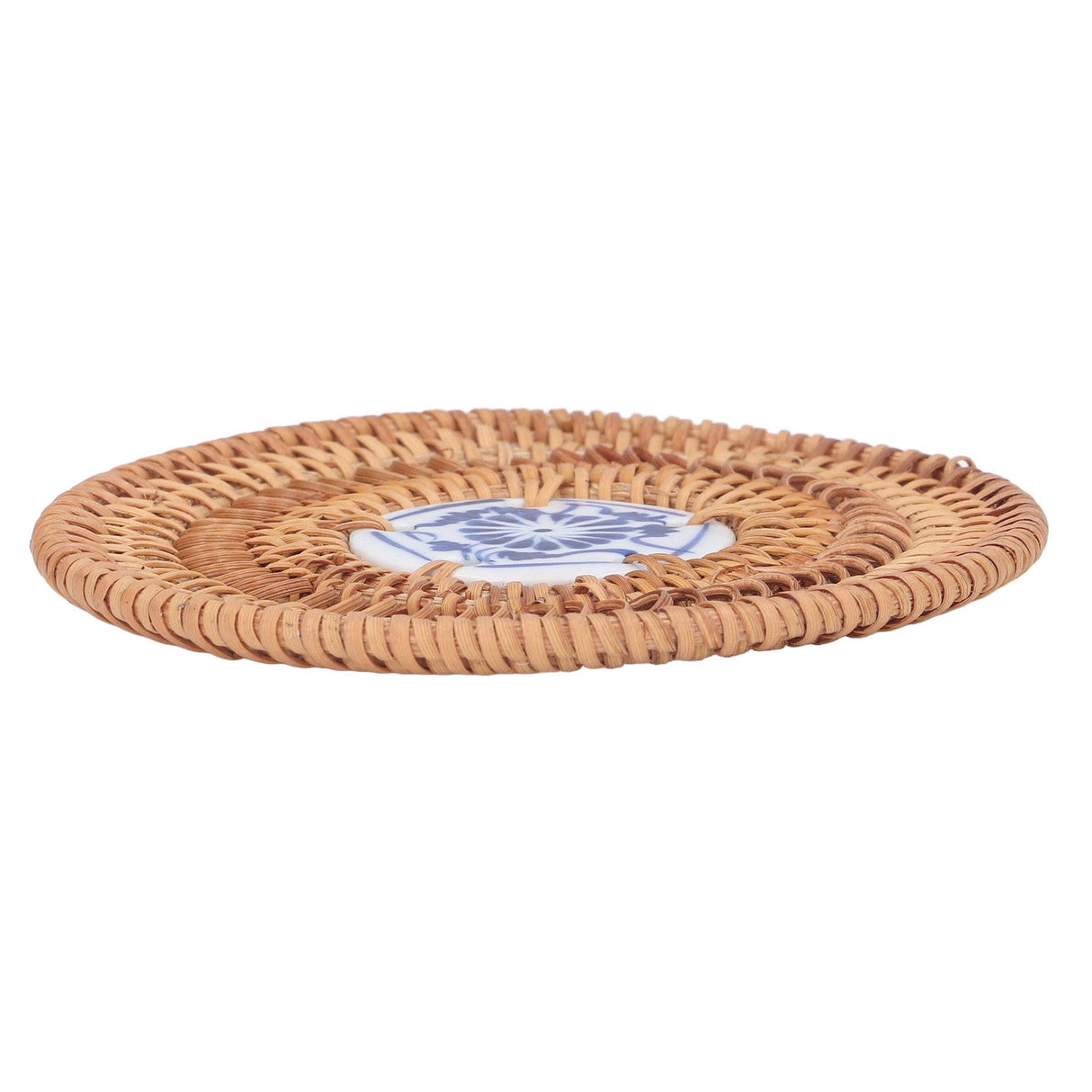 Blue and White Porcelain Coaster Round Woven Rattan Blue White Porcelain Cup Holder for Basil Cups Rattan Cups10cm/3.9in