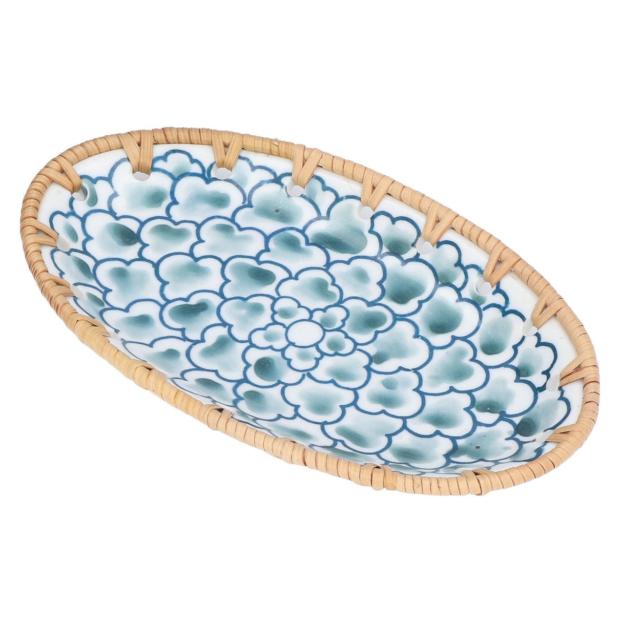 Woven Rattan Ceramic Plate Oval Woven Rattan Porcelain Fruit Plate for Wedding Party Banquet BirthdayInk Blue Flowers