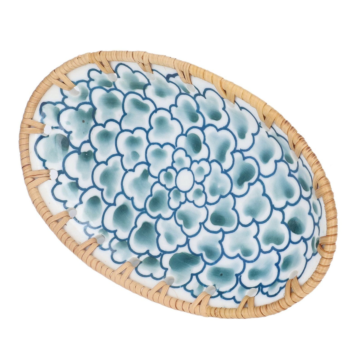 Woven Rattan Ceramic Plate Oval Woven Rattan Porcelain Fruit Plate for Wedding Party Banquet BirthdayInk Blue Flowers
