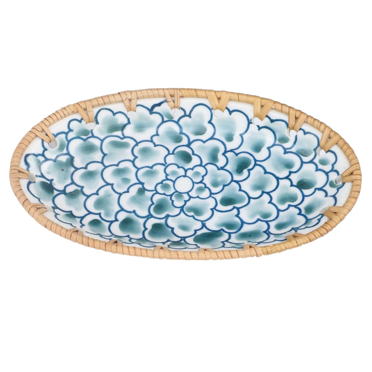 Woven Rattan Ceramic Plate Oval Woven Rattan Porcelain Fruit Plate for Wedding Party Banquet BirthdayInk Blue Flowers