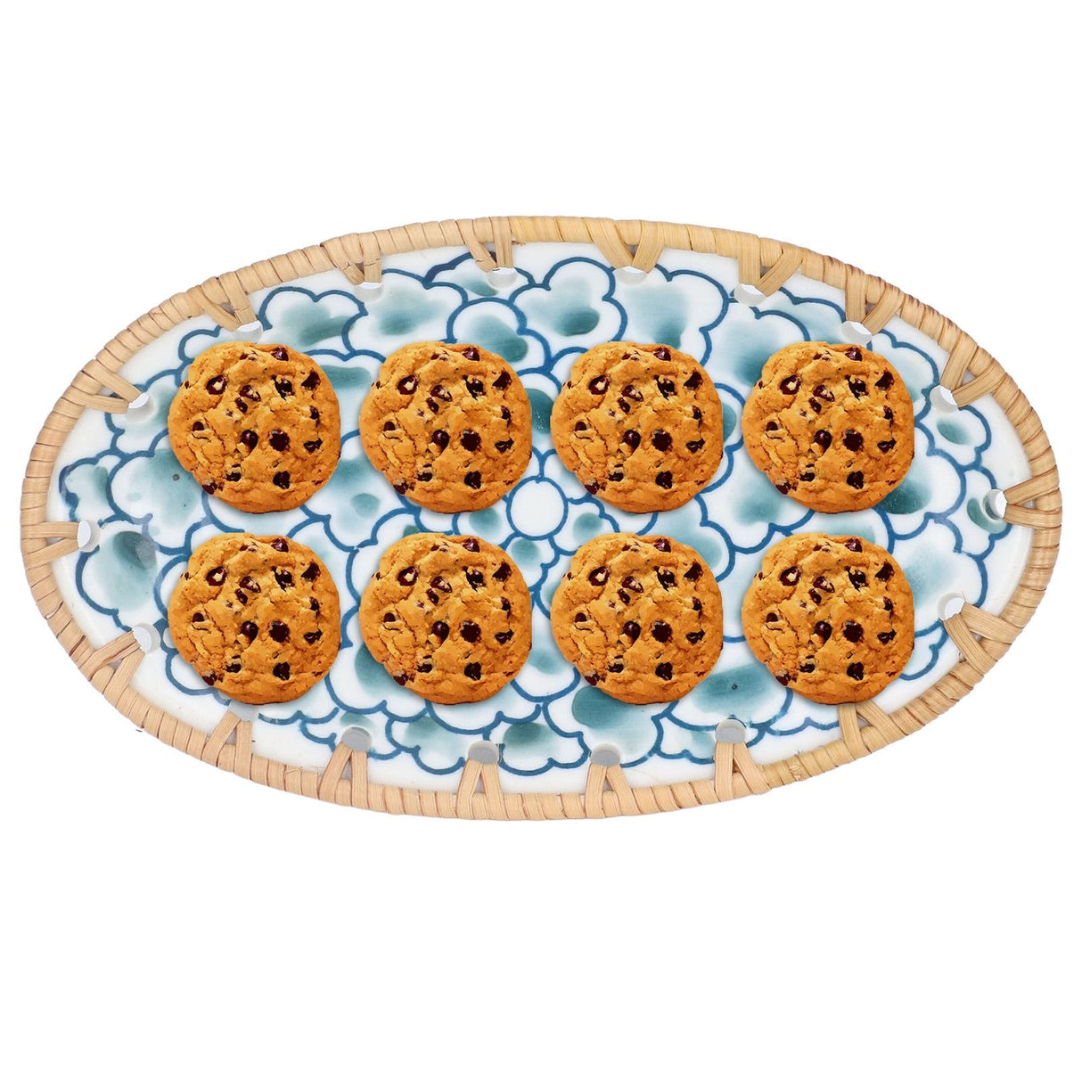 Woven Rattan Ceramic Plate Oval Woven Rattan Porcelain Fruit Plate for Wedding Party Banquet BirthdayInk Blue Flowers