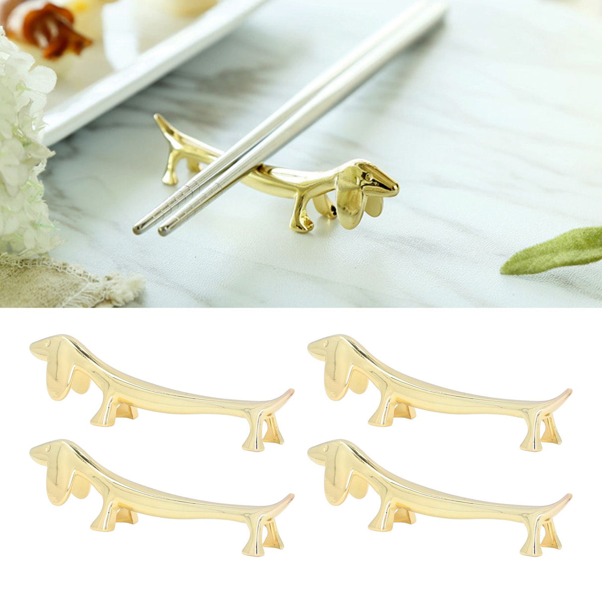 4Pcs Chopstick Rest Smoother Surfaces Reusable Cute Animal Design Gold Chopstick Rest for Home Restaurant PartyDachshund