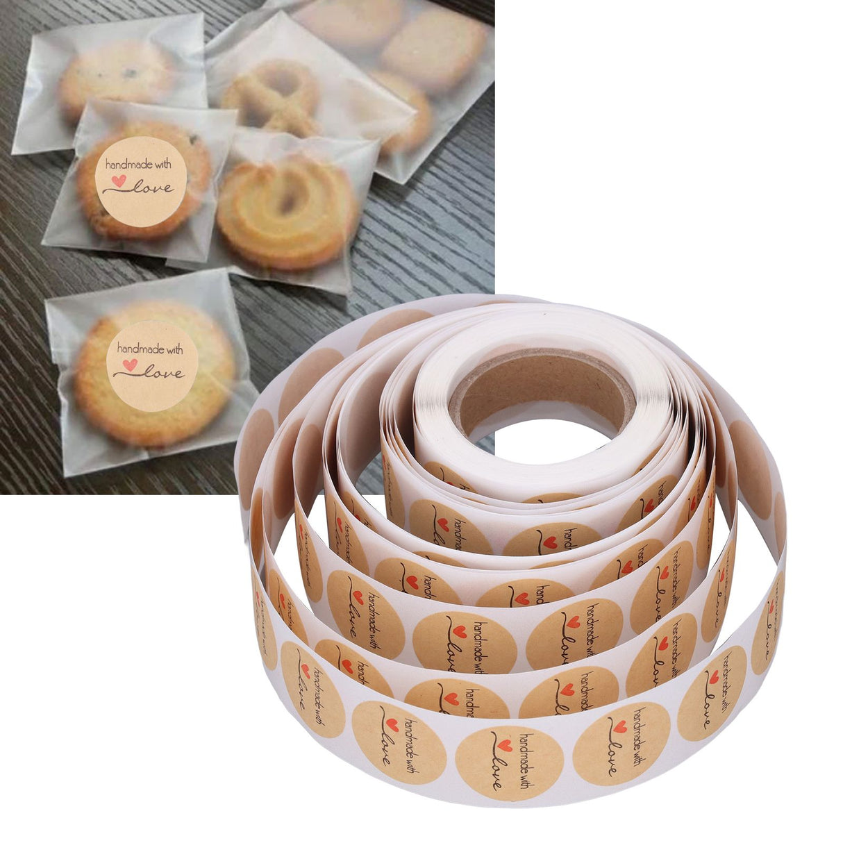 1 Roll Kraft Paper Stickers Handmade with Love Design Cute Heart Stationery Label Stickers for Food Labeling
