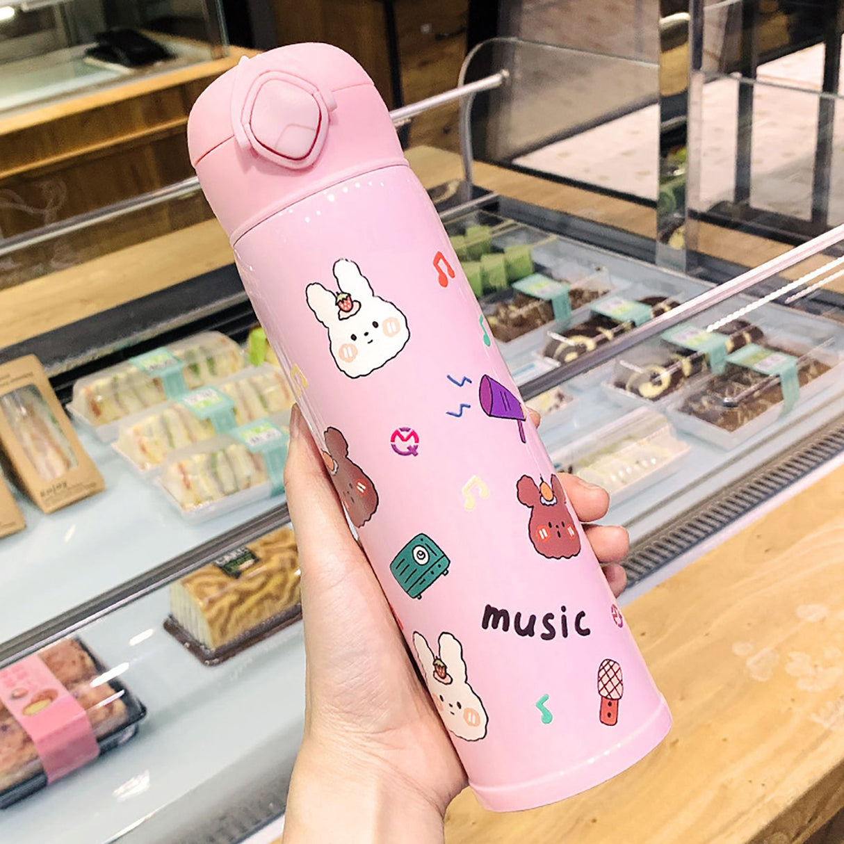 Cartoon Vacuum Cup Stainless Steel Thermal Bottle Vacuum Insulated Cup Portable Vacuum Flask for OutdoorPink 450ML 23x6.5x6.5cm