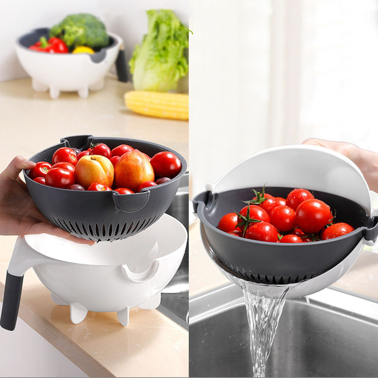 Multifunction Rotate Food Vegetable Cutter Chopper with Drain Basket Large Capacity Portable Kitchen Utensil