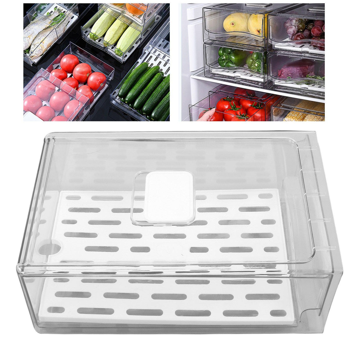 Refrigerator Storage Box Holder with Draining Plate Fruit Storage Container Preservation BoxL 11x20x30cm / 4.3x7.9x11.8in