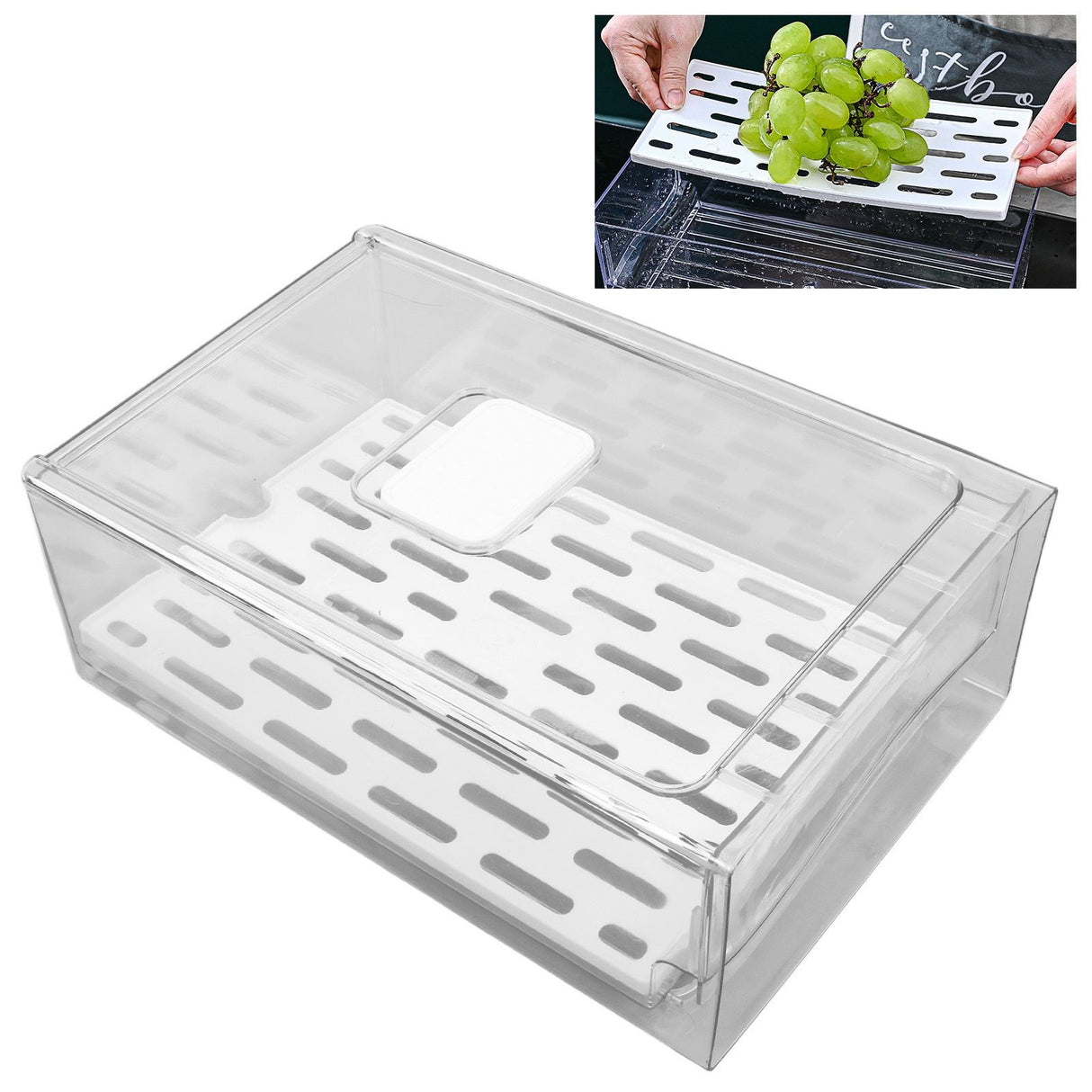 Refrigerator Storage Box Holder with Draining Plate Fruit Storage Container Preservation BoxL 11x20x30cm / 4.3x7.9x11.8in