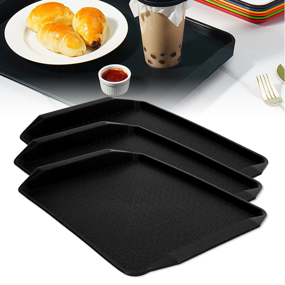 3PCS Colorful Food Tray Rectangle Thickened Binaural Plastic Tray Heat Resistance Stackable Cafeteria Trays for HotelBlack
