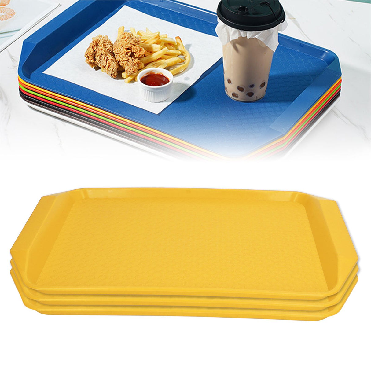 3PCS Colorful Food Tray Rectangle Thickened Binaural Plastic Tray Heat Resistance Stackable Cafeteria Trays for HotelYellow