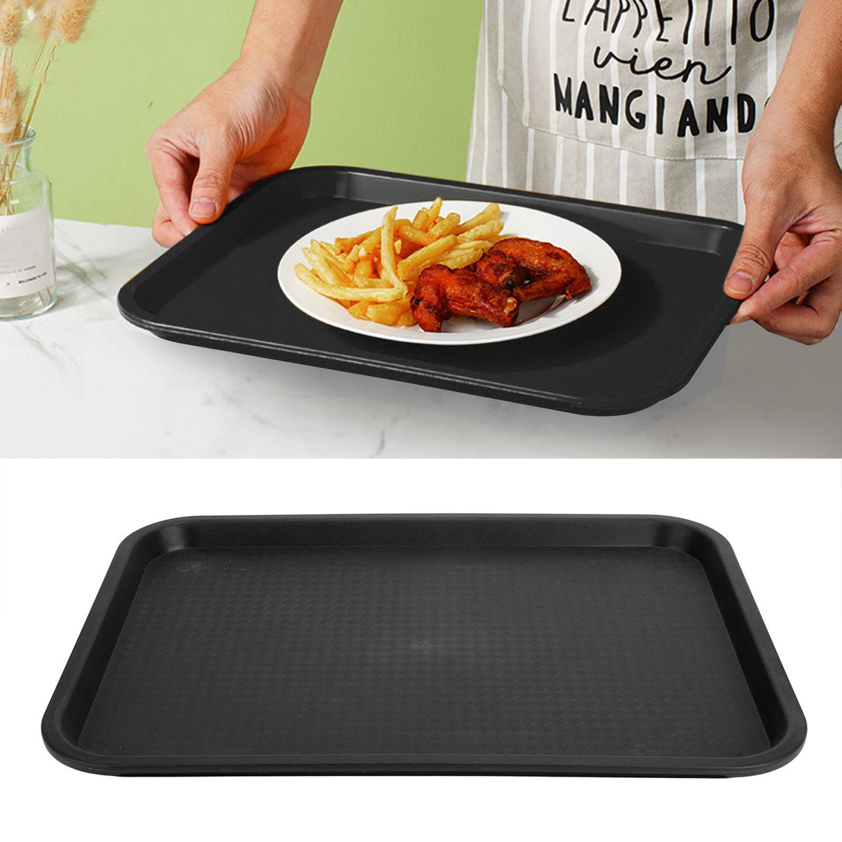 2pcs Food Tray Multifunctional Thickened Slip Resistance Chinese Fast Food Serving Tray for Dining Hall RestaurantsBlack