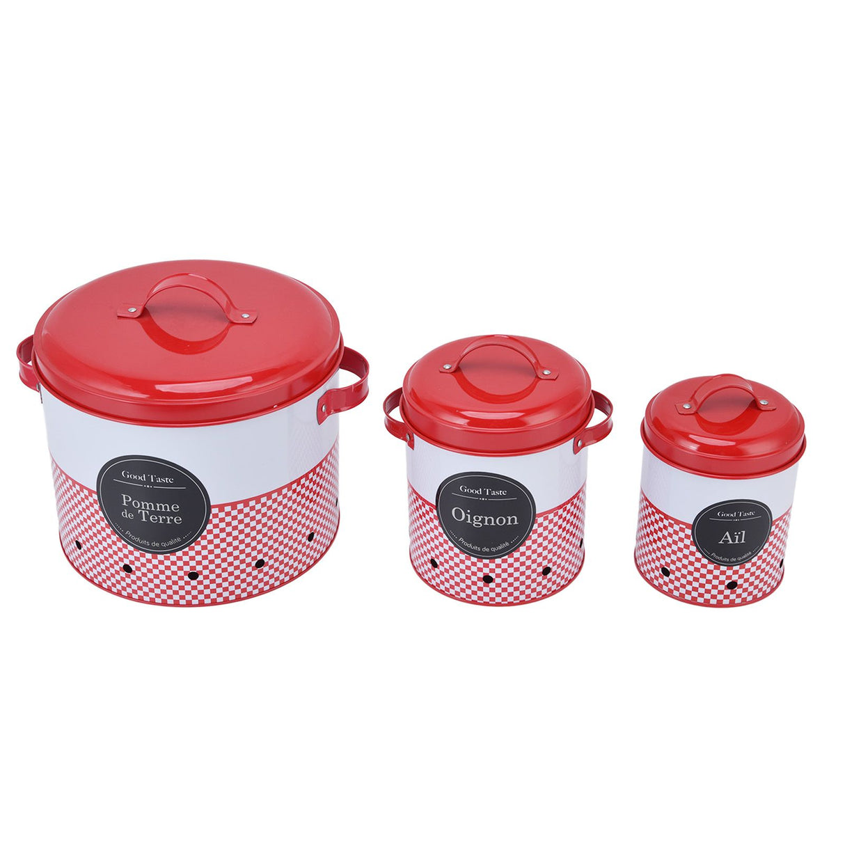 3 Pcs Canister Set Large Capacity Red White Round Storage Bucket Farmhouse Kitchen Candy Snack Metal Storage Containers