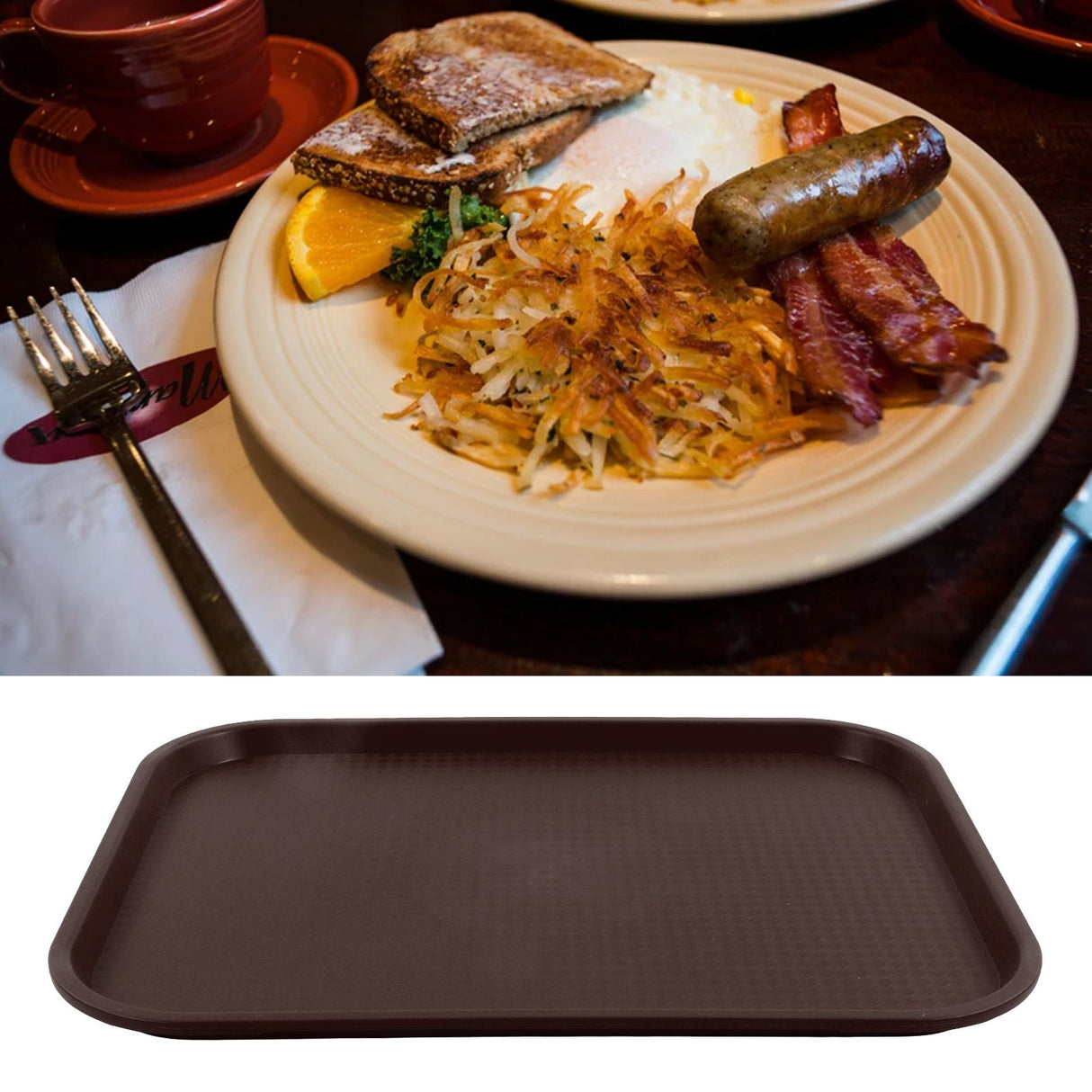 2Pcs Fast Food Tray Stackable Rectangular Light Weight Anti Slip PP Food Service Tray for Restaurants CafesBrown