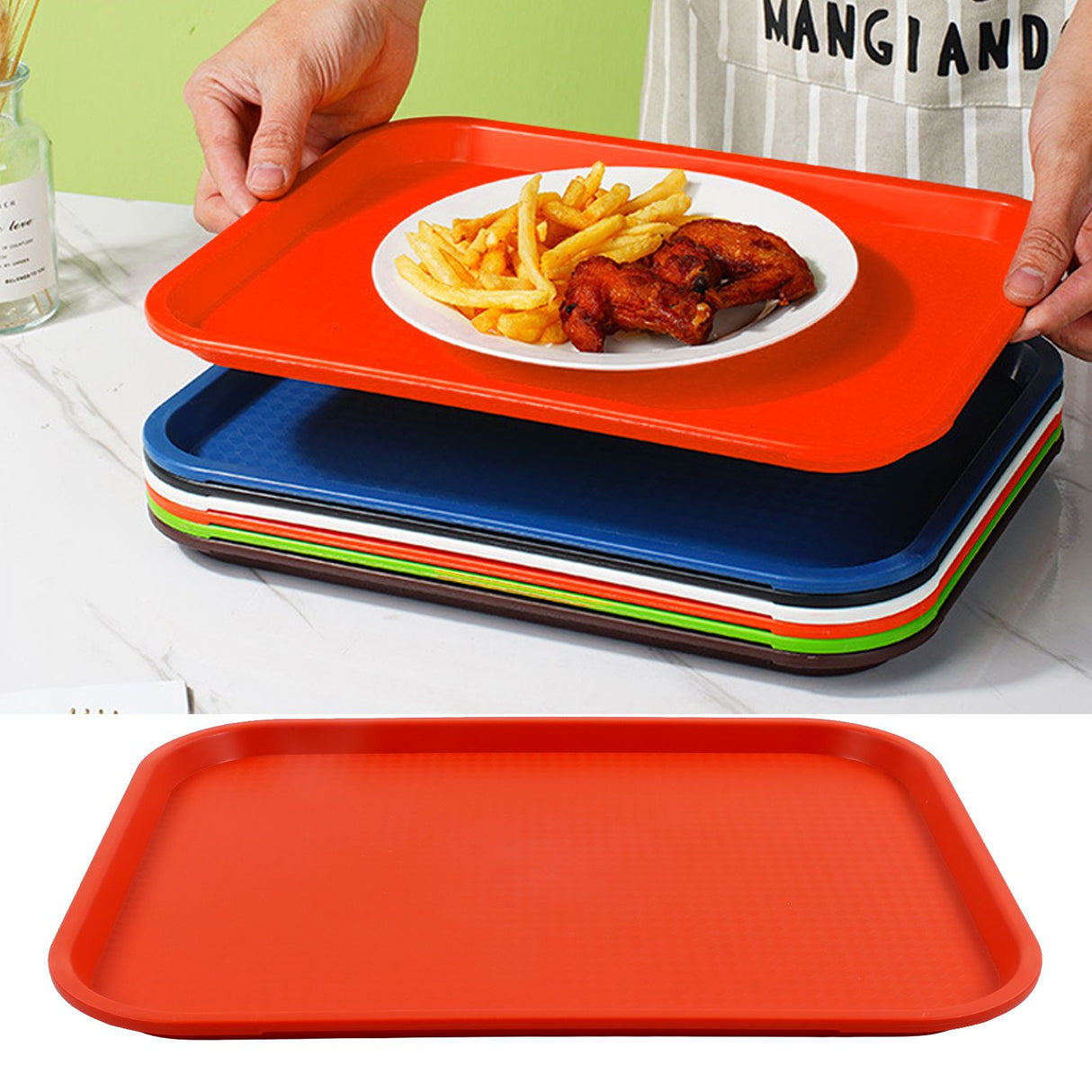2Pcs Fast Food Tray Stackable Rectangular Light Weight Anti Slip PP Food Service Tray for Restaurants CafesOrange