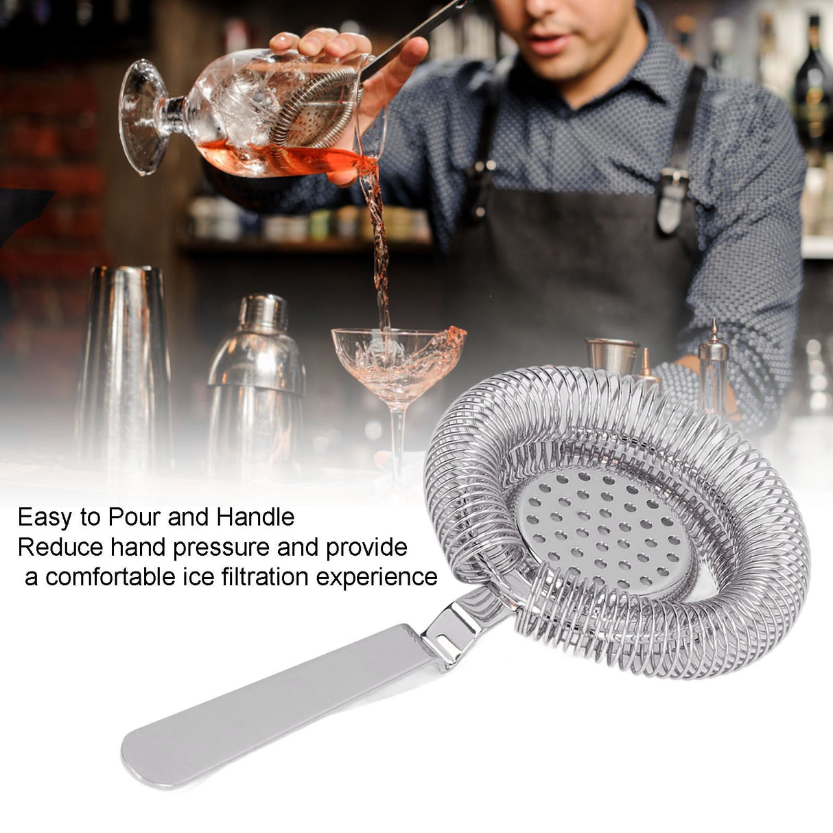 Bar Strainer Fine Filtering Professional Stainless Steel Cocktail Strainer for Bartending Restaurant Party Silver