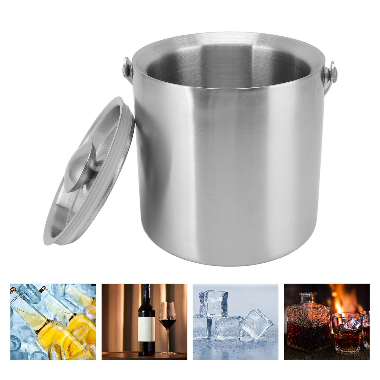 Stainless Steel Ice Bucket Double Layer Wine Champagne Beer Barrel with Handle for Bar Party 2L 15.5x15.7cm/6.1x6.2in