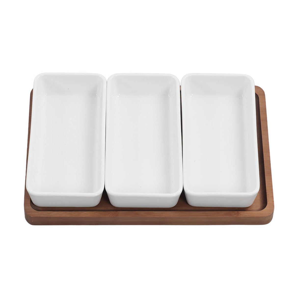 Snack Serving Tray Coffee Ceramic Segmented Long Strip Dishes Set with Bamboo Pallets for Cookies Nuts Bread Dessert