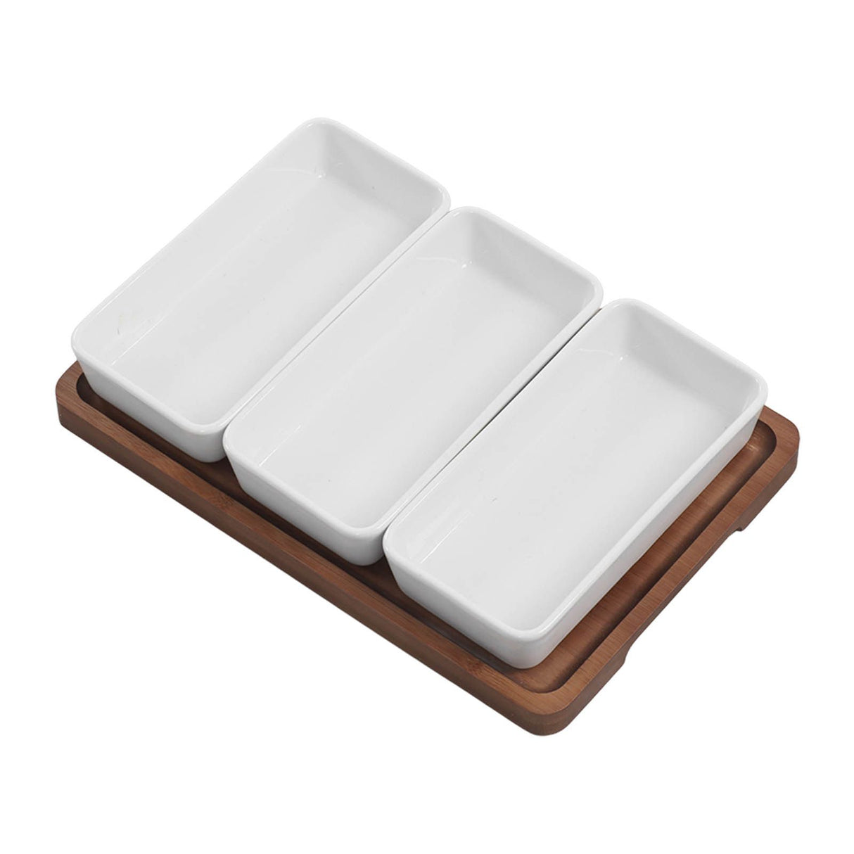 Snack Serving Tray Coffee Ceramic Segmented Long Strip Dishes Set with Bamboo Pallets for Cookies Nuts Bread Dessert