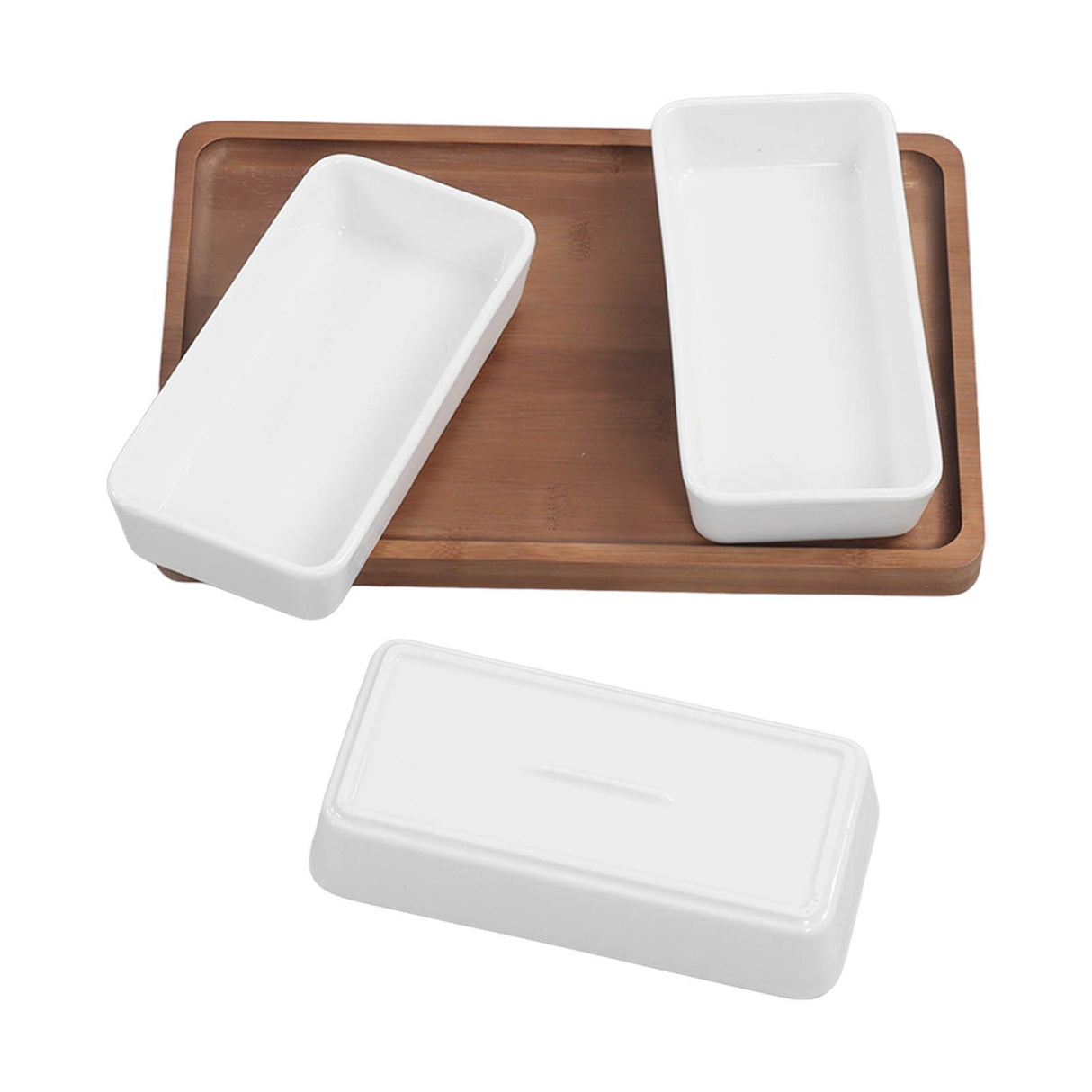 Snack Serving Tray Coffee Ceramic Segmented Long Strip Dishes Set with Bamboo Pallets for Cookies Nuts Bread Dessert