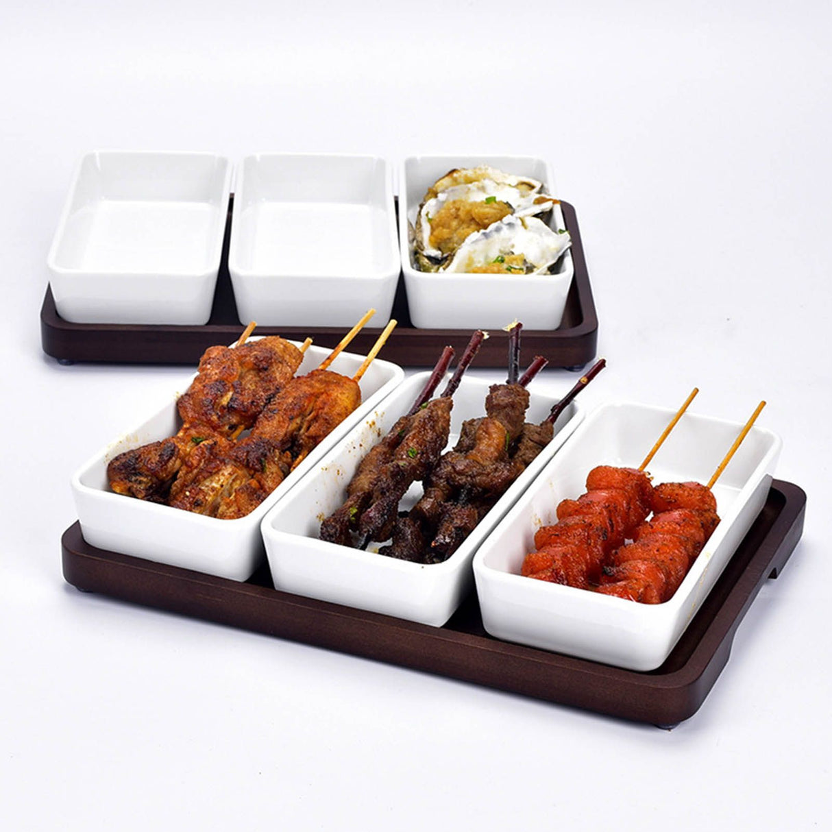 Snack Serving Tray Coffee Ceramic Segmented Long Strip Dishes Set with Bamboo Pallets for Cookies Nuts Bread Dessert