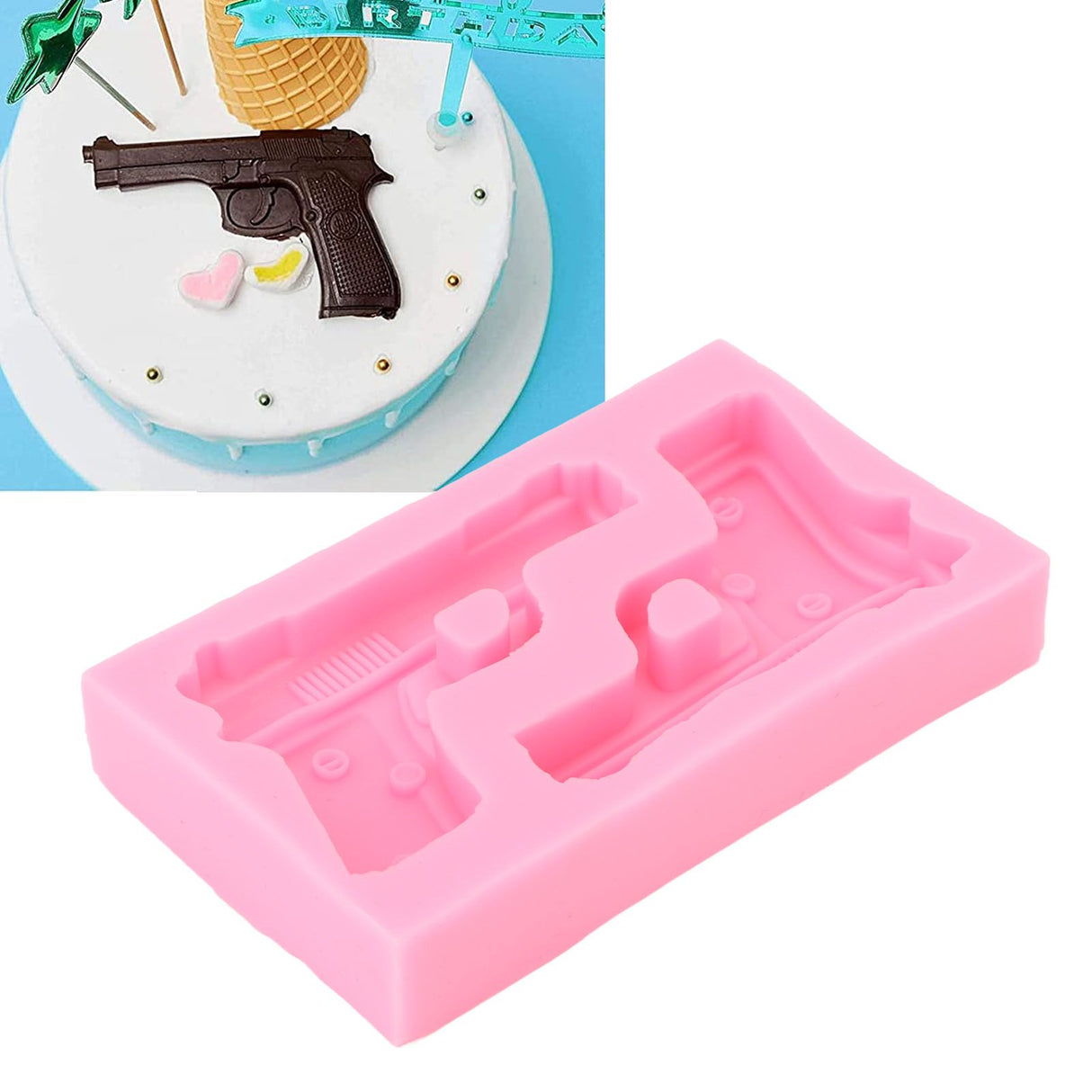 3D Weapon Shape Silicone Molds Pistol Shaped Baking Molds for Making Cake Chocolate Candy Crafting Pink