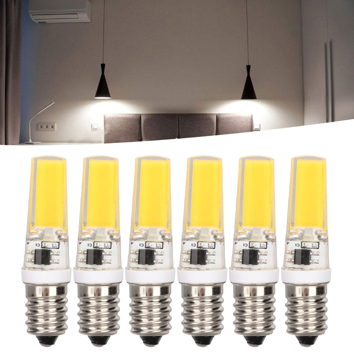 6PCS E14 COB Lamp Bulb Mini 360 Degree Lighting Heat Sinking Silicone Anti Glare for Chandelier Ceiling Light Warm White Light 3000K