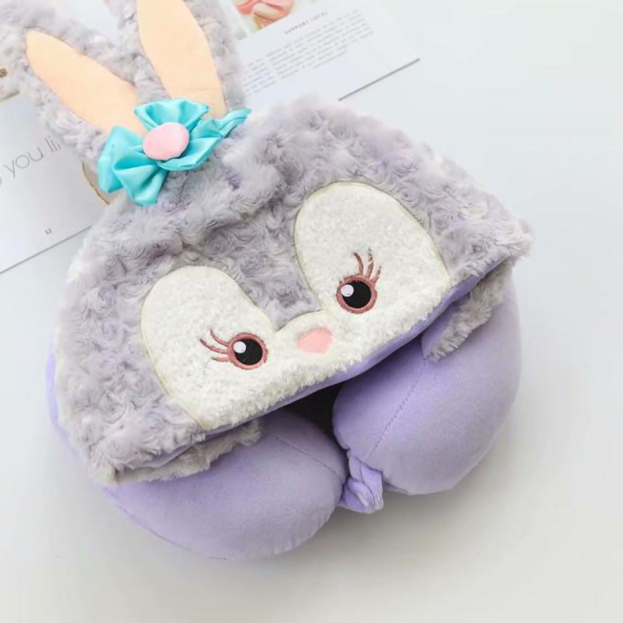 Hooded U Shaped Pillow Cute Cartoon Travel PP Cotton U Shaped Neck Pillow for Airplane Seat Purple Rabbit