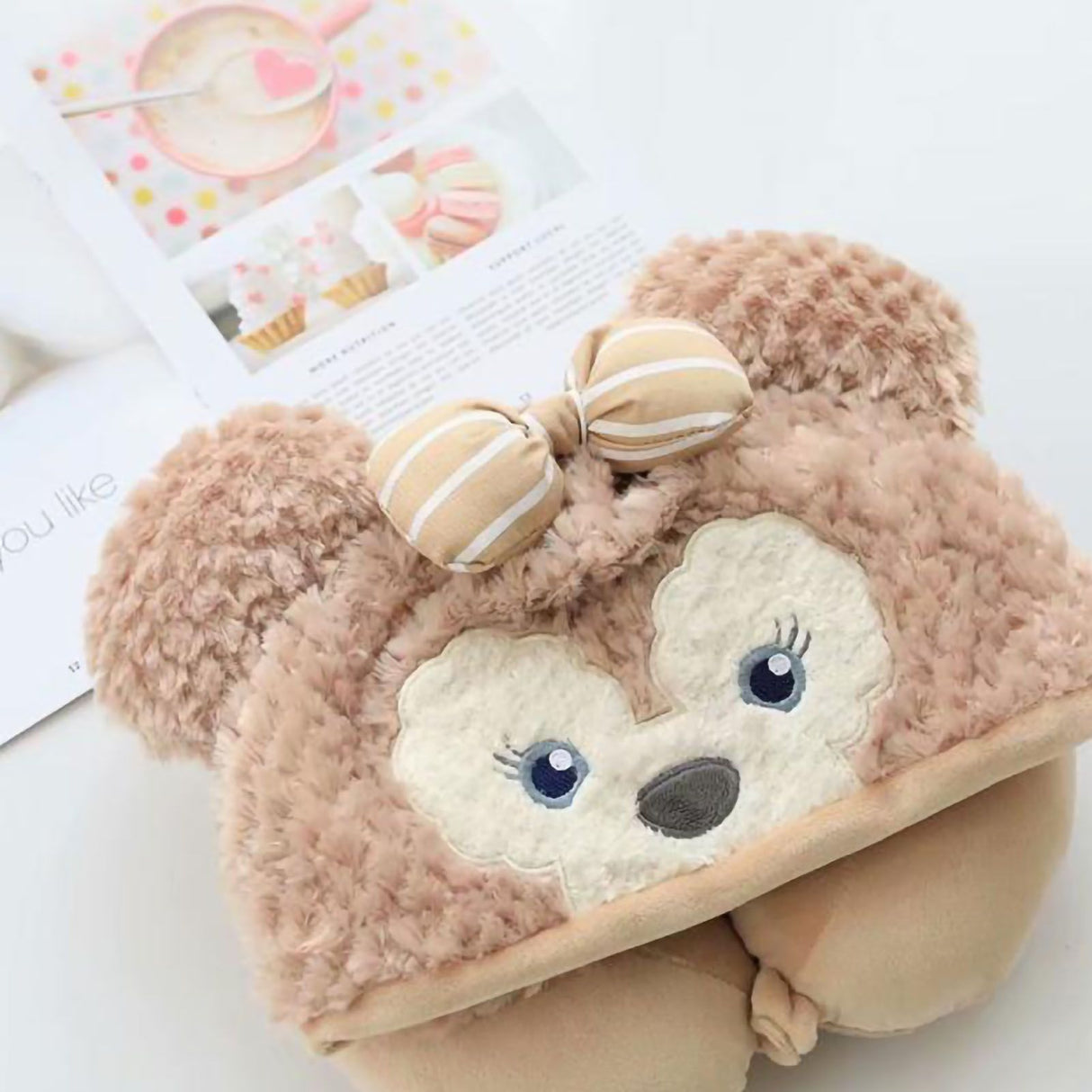 Hooded U Shaped Pillow Cute Cartoon Travel PP Cotton U Shaped Neck Pillow for Airplane Seat Khaki Bear