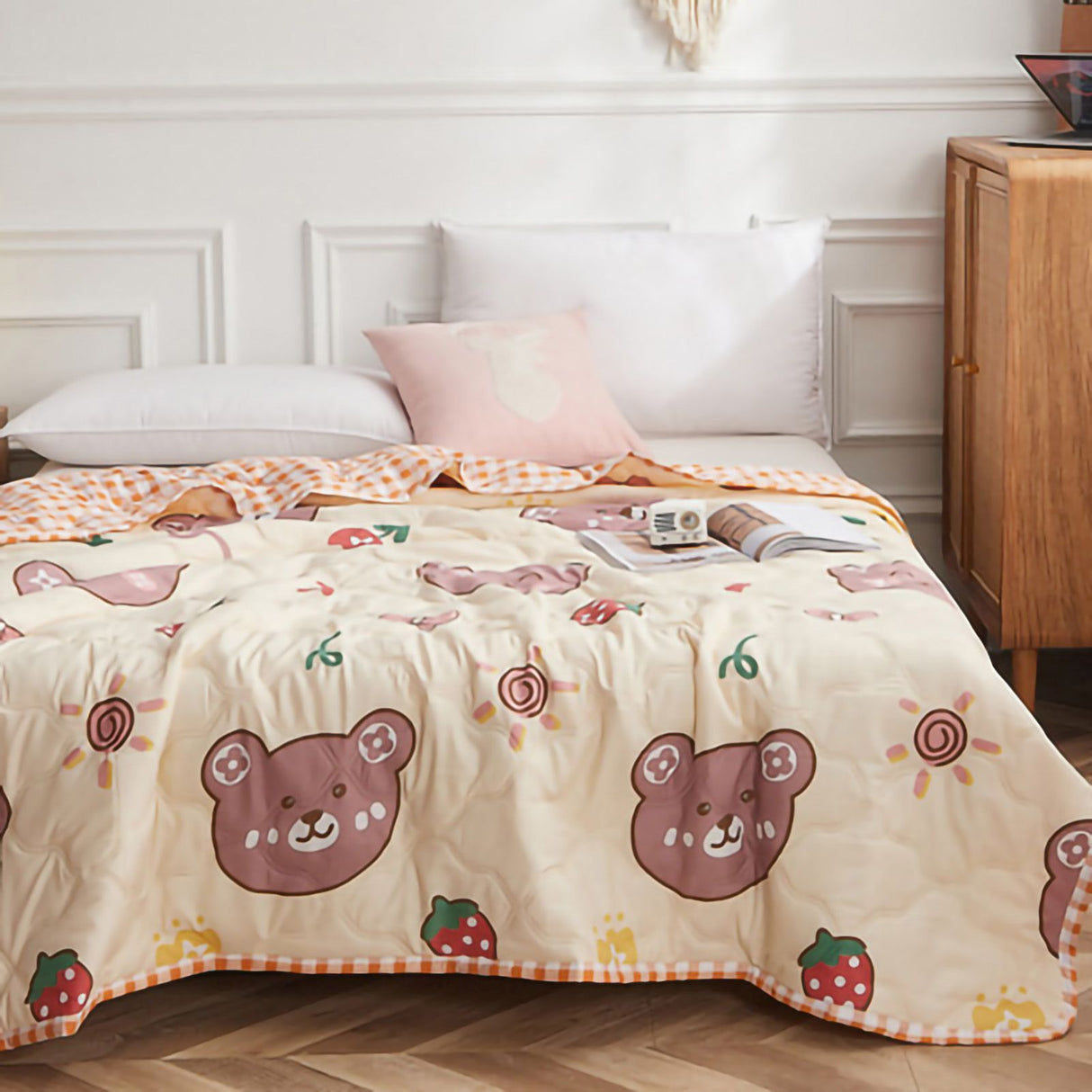 Summer Air Conditioner Quilt Machine Washable Soft Breathable Portable Air Conditioner Blanket Summer Comforter Cute Bear 150x200cm