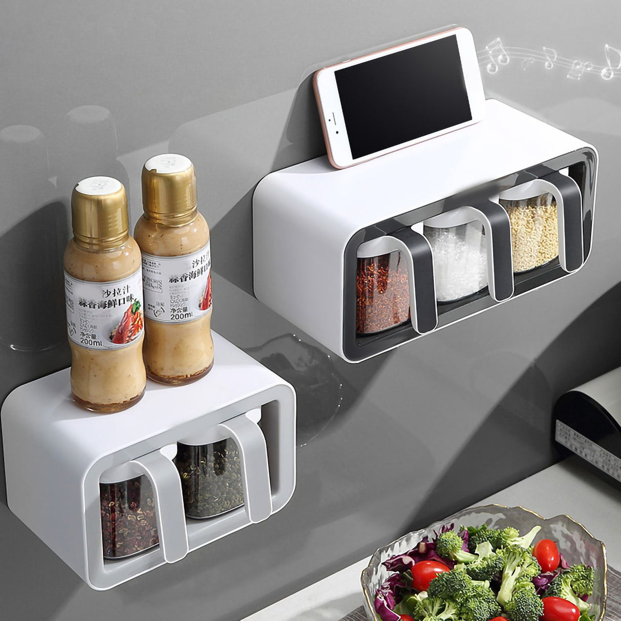 Seasoning Box Wall Mount Multi Grid Seasoning Storage Container Kitchen Seasoning Jar Combination Set 2 Container Gray with 2 Spoons