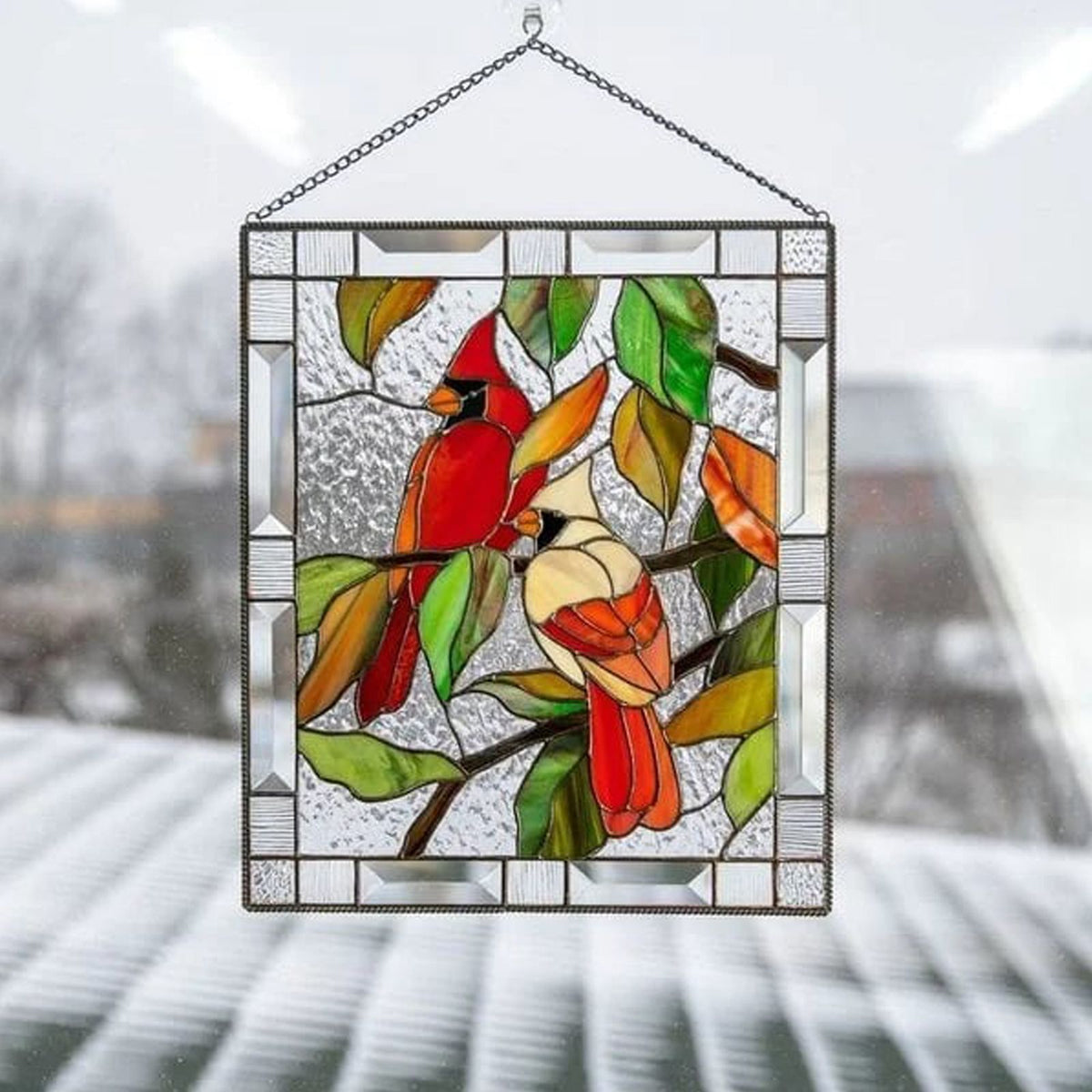 Cardinal Stained Window Panel Glass Window Hanging For Wall Decoration