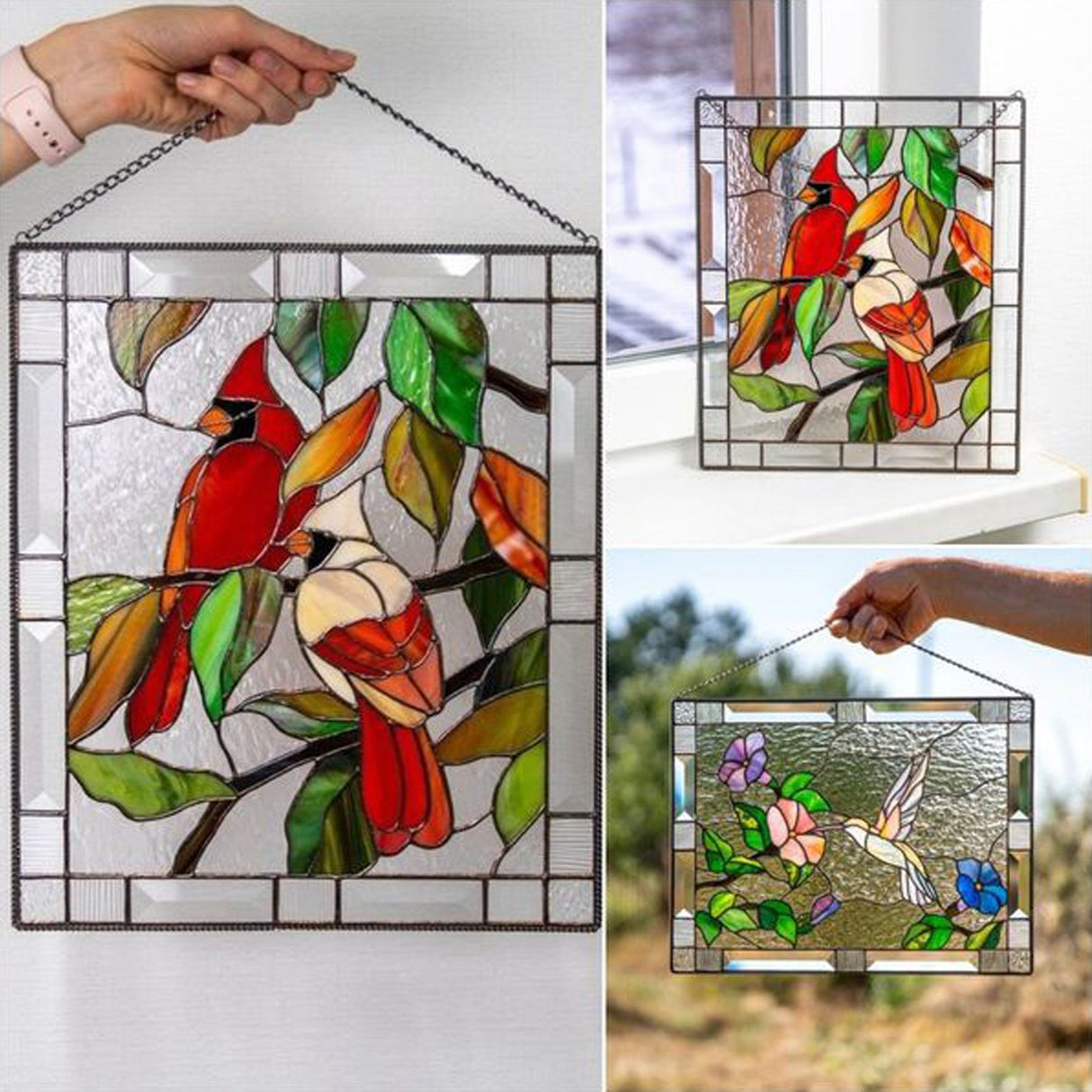 Cardinal Stained Window Panel Glass Window Hanging For Wall Decoration