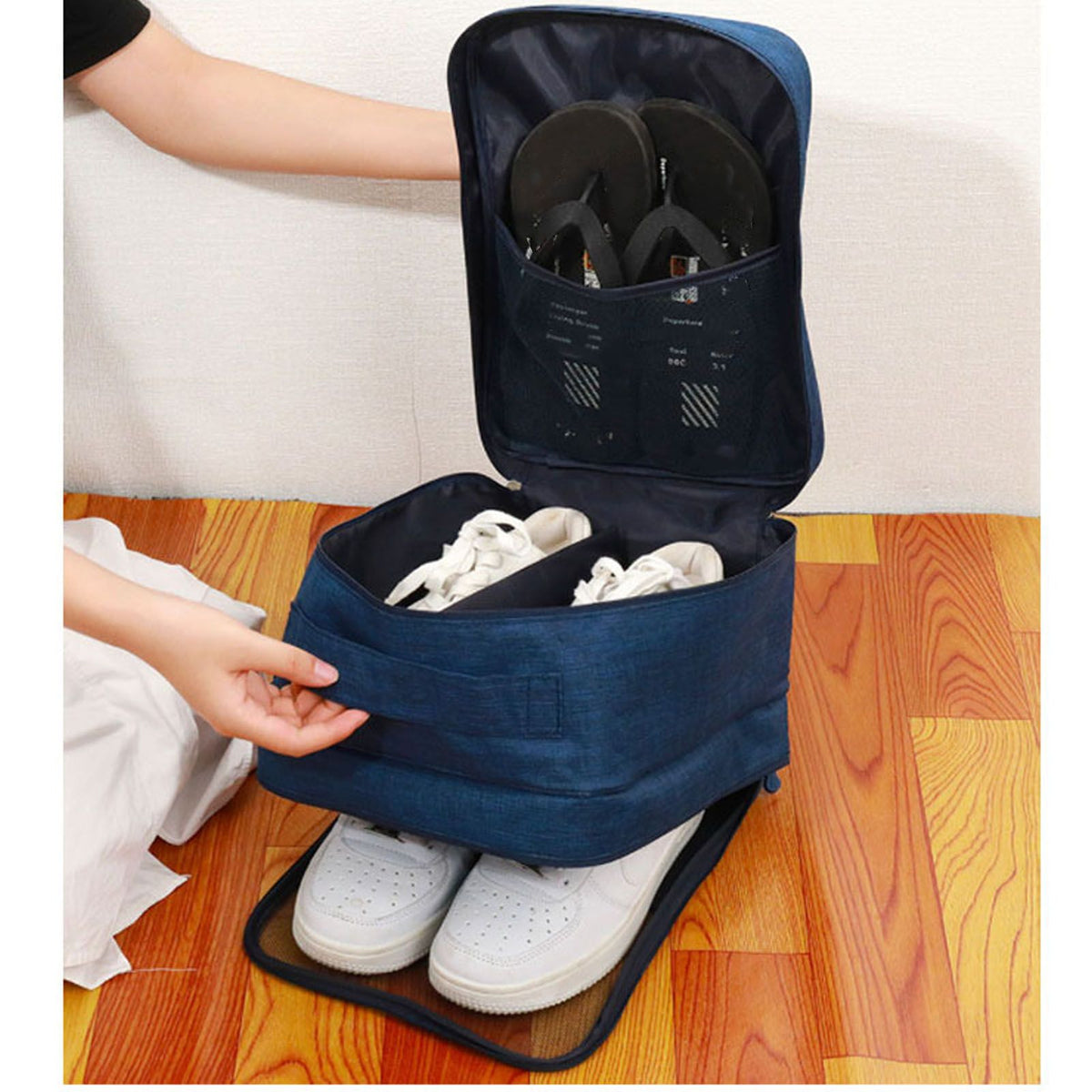 3 Layers Travel Shoe Bag Holds 3 Pair of Shoes Waterproof Portable Shoe Storage Bag for Travel Camping Daily Use Navy Blue