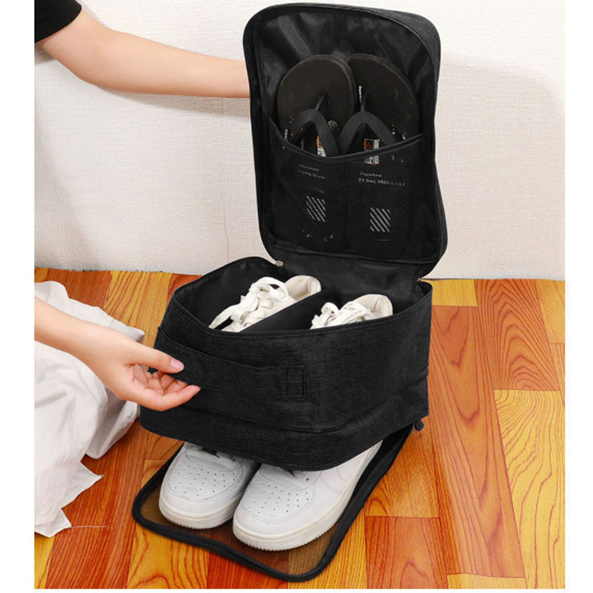 3 Layers Travel Shoe Bag Holds 3 Pair of Shoes Waterproof Portable Shoe Storage Bag for Travel Camping Daily Use Black