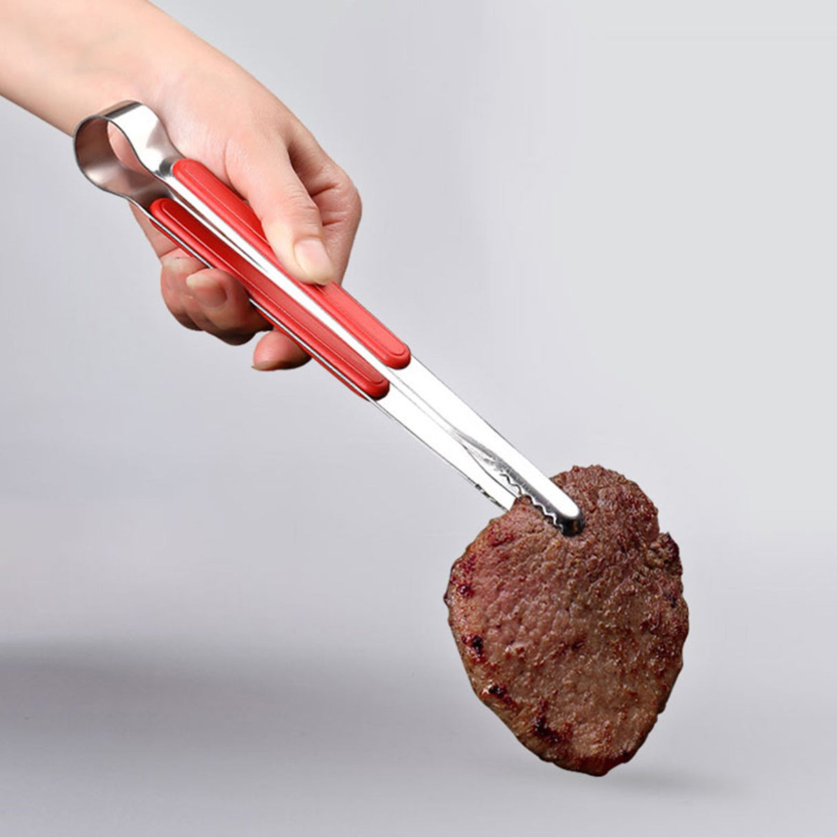 Kitchen Cooking Tong Stainless Steel Easy to Clean Teeth Mouth Steak Clip for BBQ Food 25.5cm Red