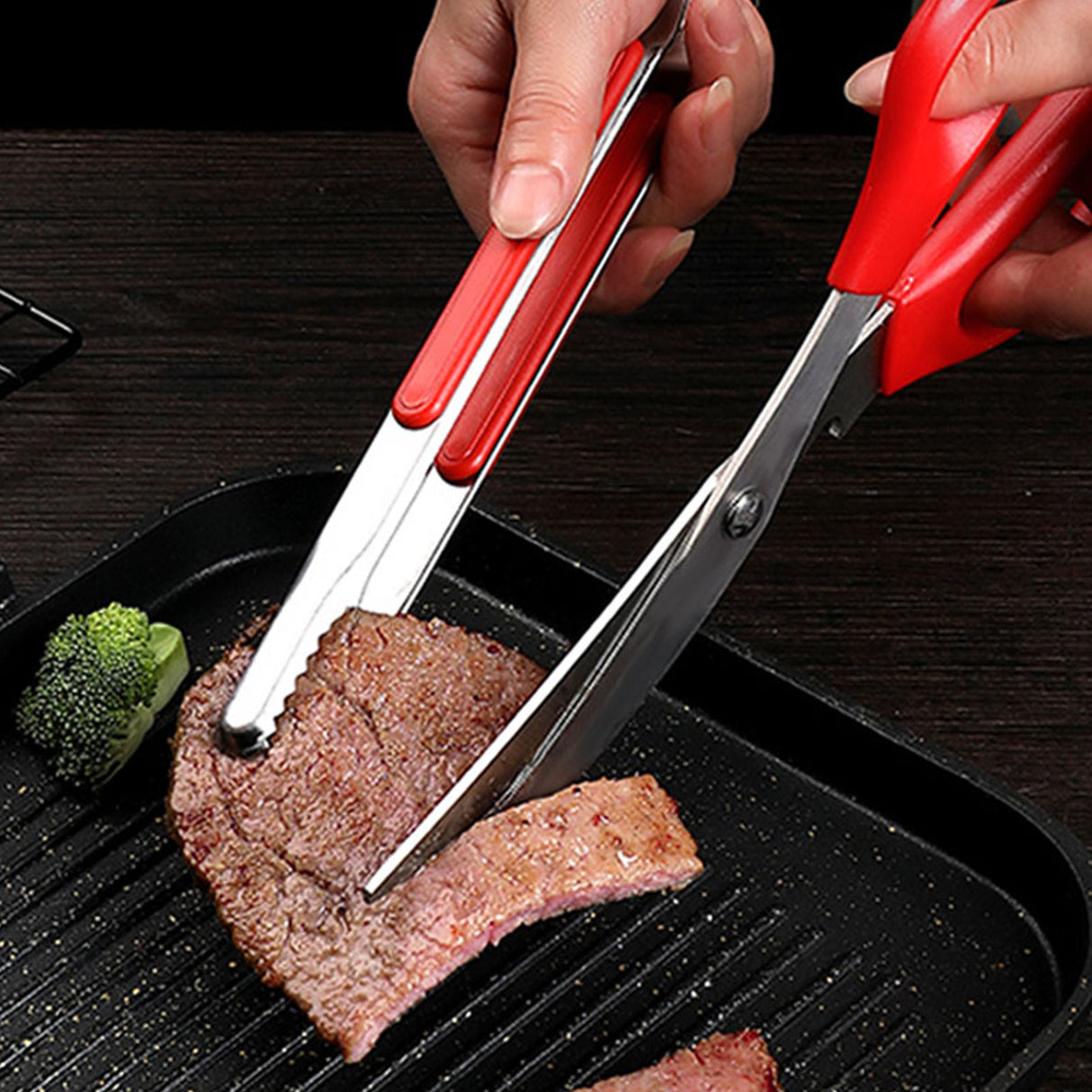 Kitchen Cooking Tong Stainless Steel Easy to Clean Teeth Mouth Steak Clip for BBQ Food 25.5cm Red