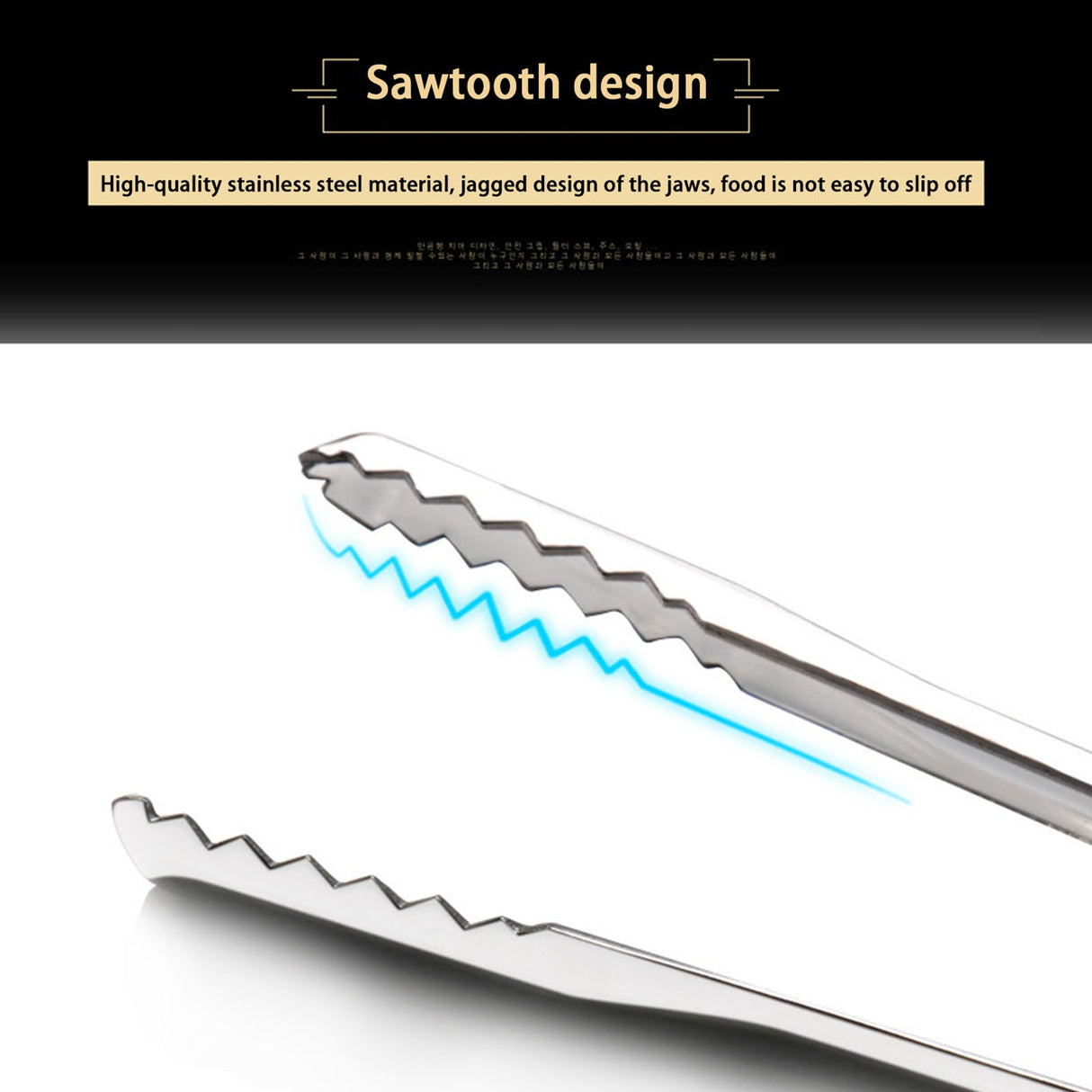 Kitchen Cooking Tong Stainless Steel Easy to Clean Teeth Mouth Steak Clip for BBQ Food 25.5cm Black
