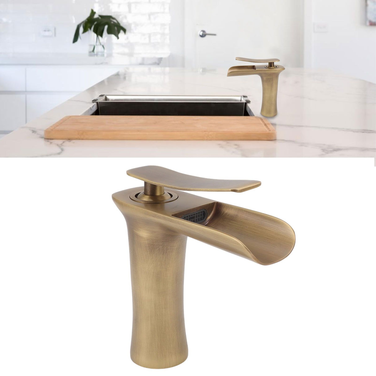 Bathroom Sink Faucet Antique Single Span Brass Waterfall Under Counter Basin Mixer Tap for Cold and Hot Water
