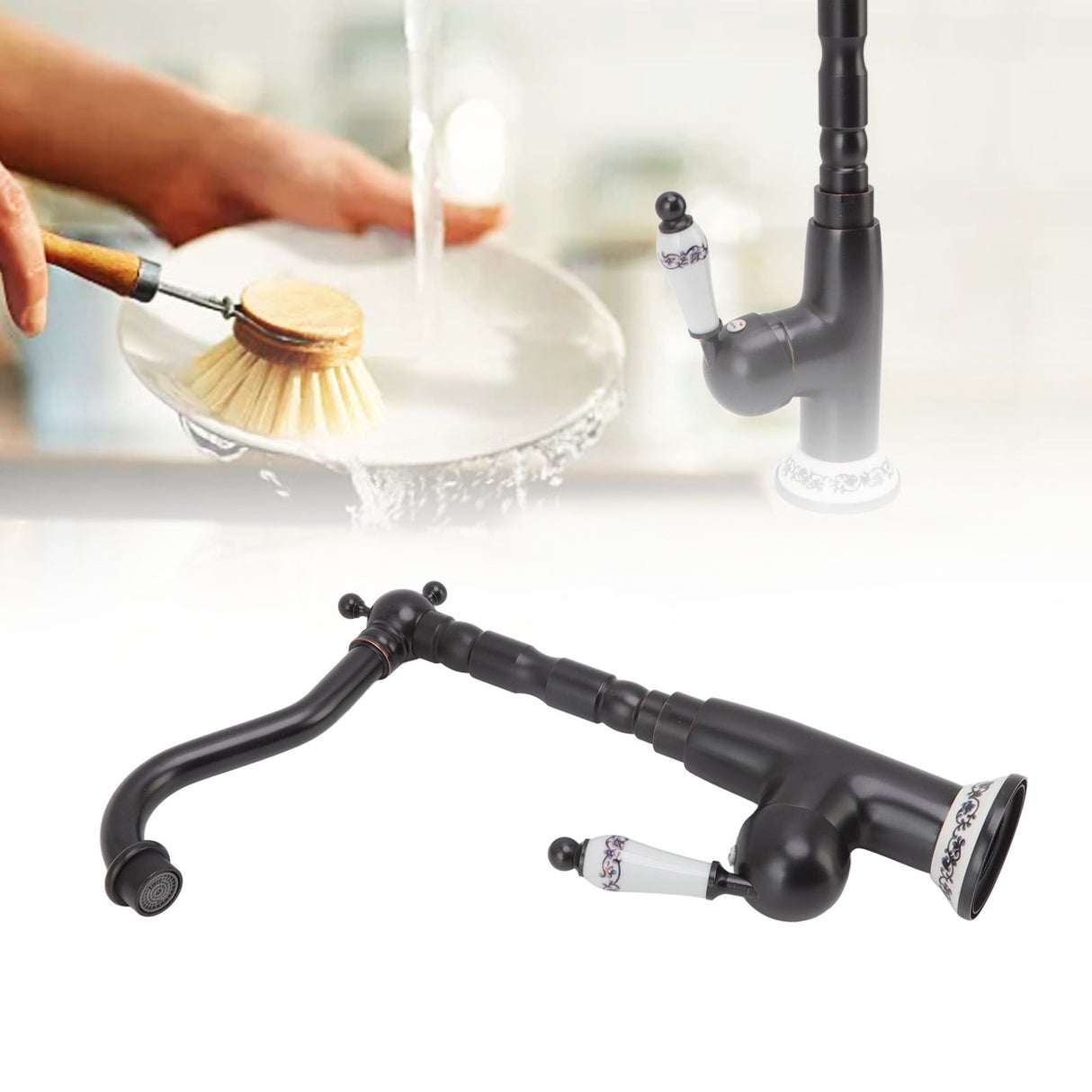 Antique Faucet Retro Style Porcelain Valve Long Spout Sturdy Brass Rotatable Antique Mixer Tap for Bathroom Kitchen