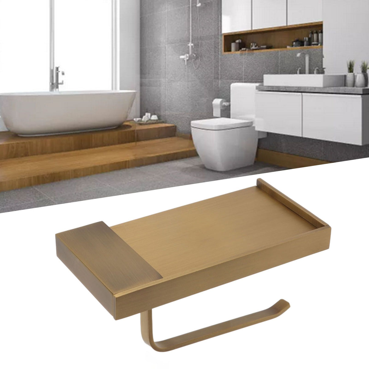 Paper Towel Holder Antique Style Pure Copper Wall Mounted Stable Floating Towel Holder with Shelf for Kitchen Bathroom