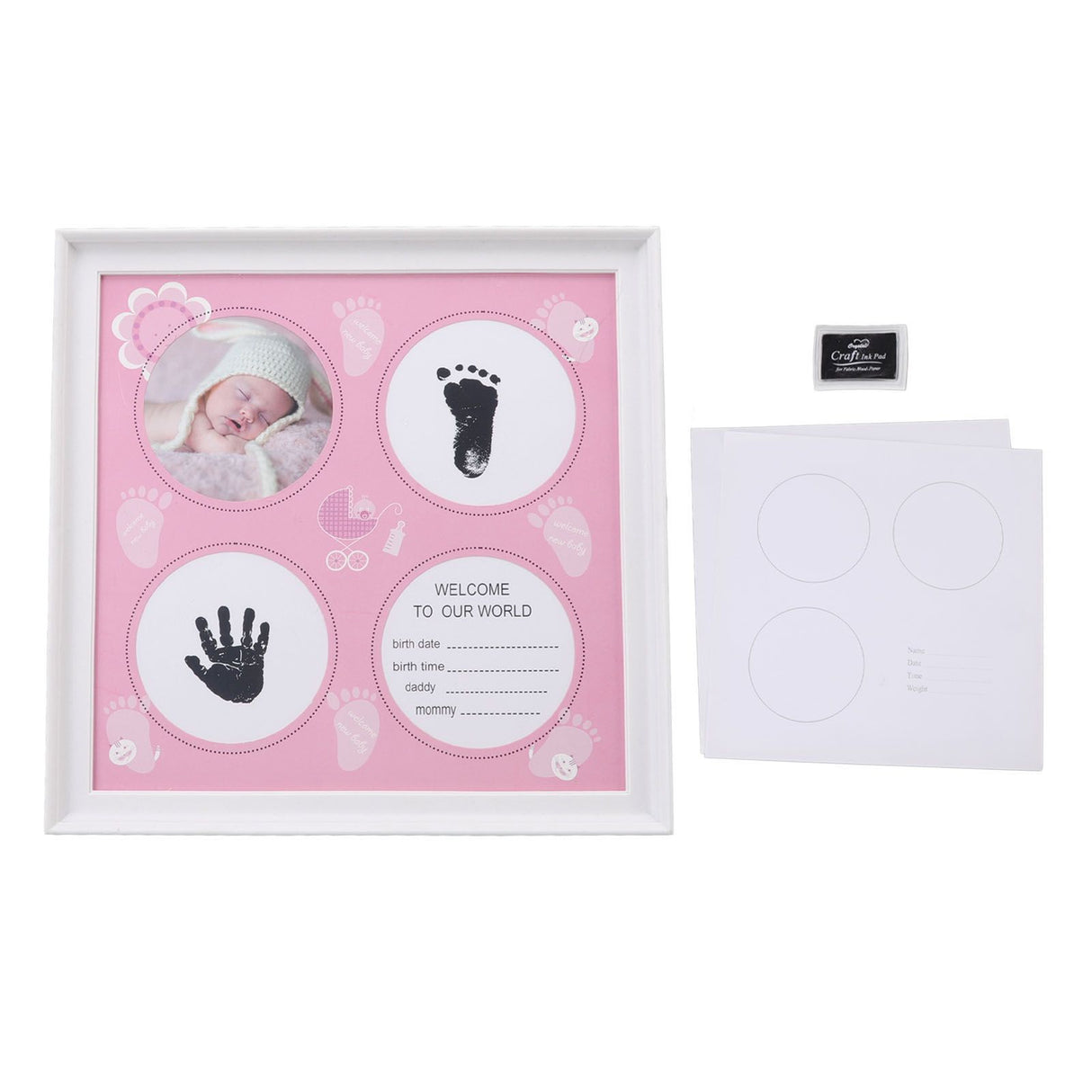 Baby Handprint Footprint Kit for Newborn Boys Girls Wear Resistant Plastic Density Board Baby Print Frame Kit for Display Pink