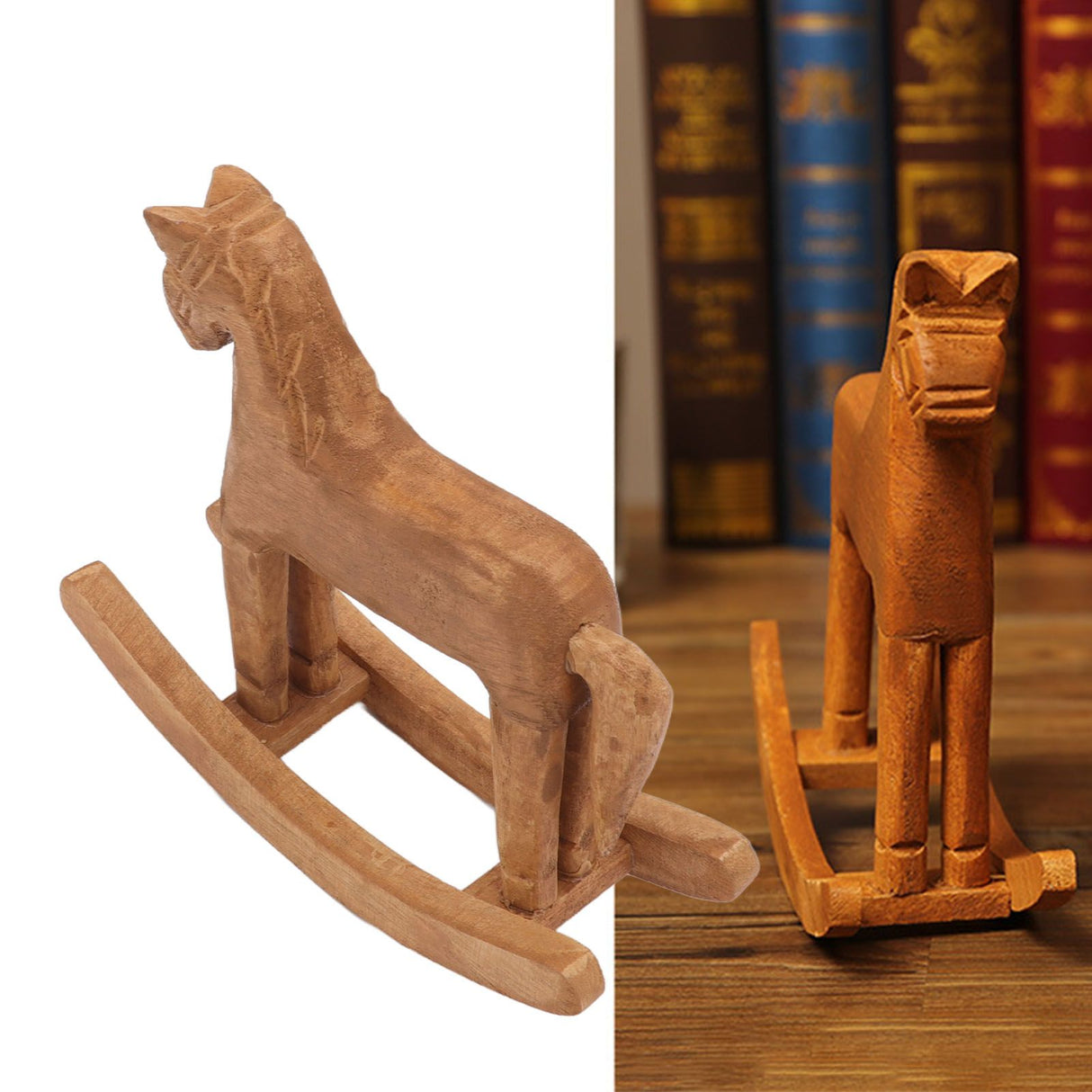 Wooden Rocking Horse Ancient Lucky Hand Carved Trojan Horse Table Decoration for Home Hall Office Bedroom