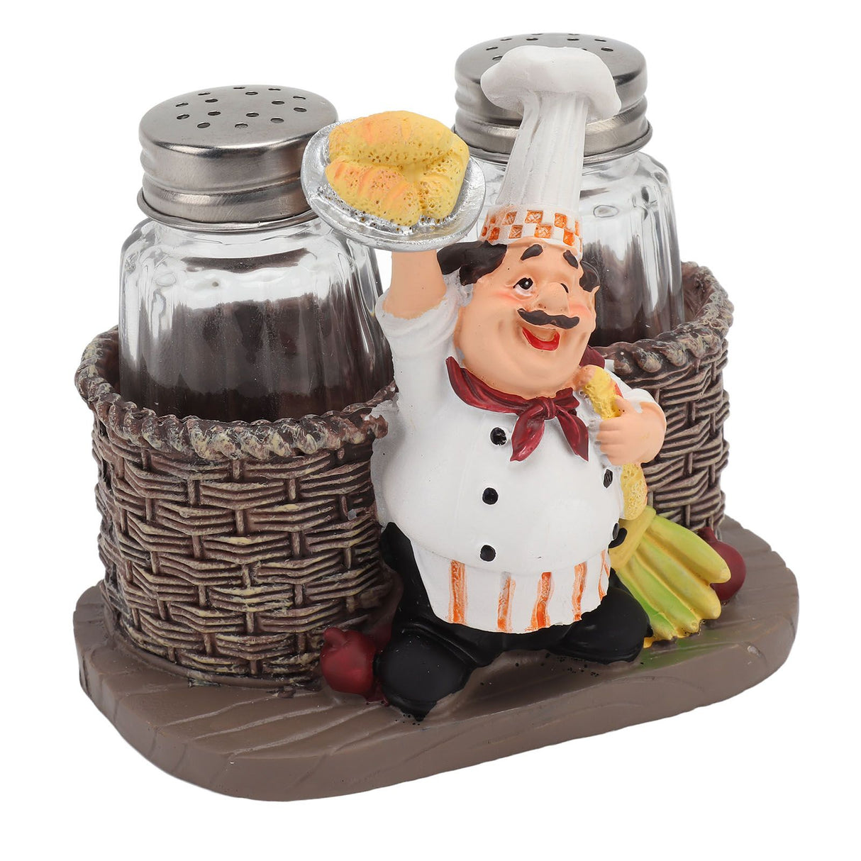 Chef Stature Holder Decorative Synthetic Resin Ingenious Vivid Chef Figurine Holder with 2 Glass Sauce Bottle